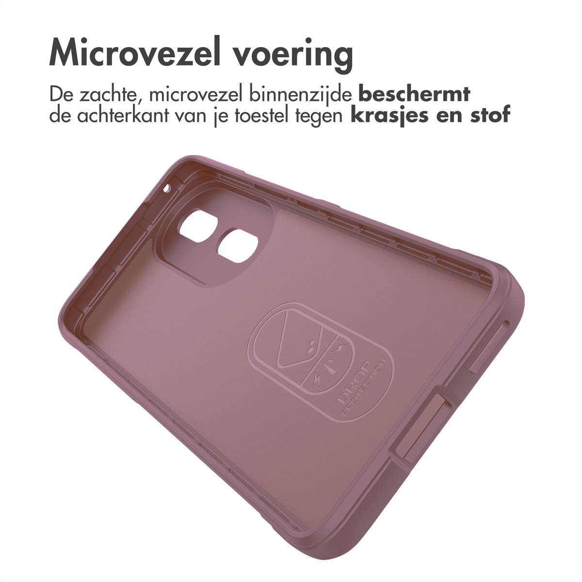 Een doorzichtige telefoonhoes met een telefoon erin. De hoes heeft een roze kleur.
