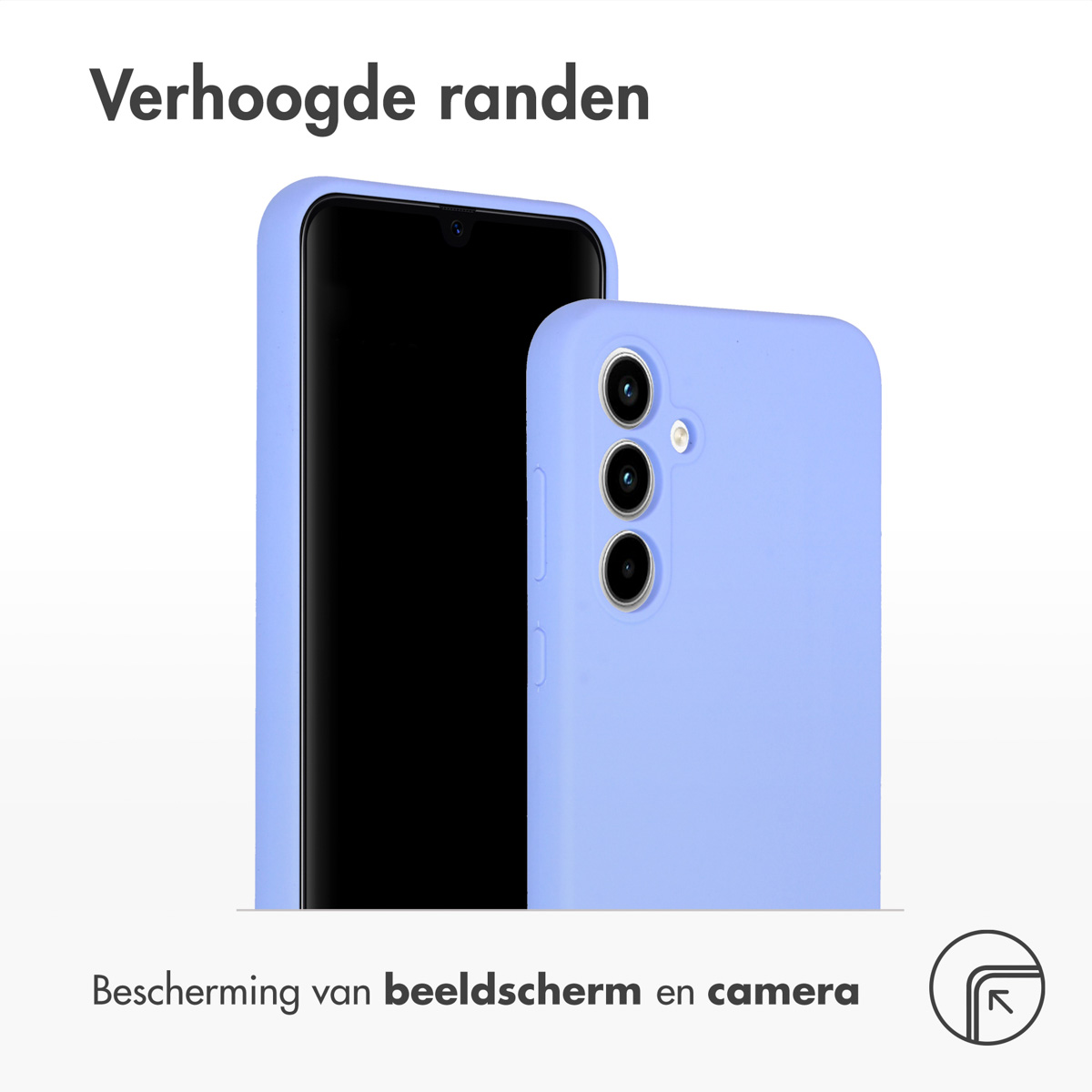 Handyhülle mit Telefon. Die Hülle ist hellblau. Telefon hat einen schwarzen Bildschirm. Weißer Hintergrund.