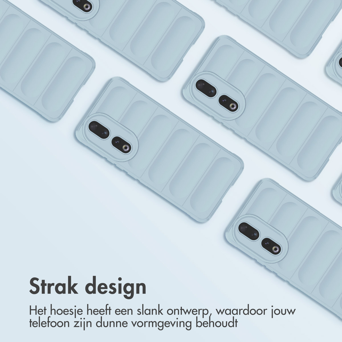 Telefoonhoesjes in lichtblauw, met tekst: Strak design.