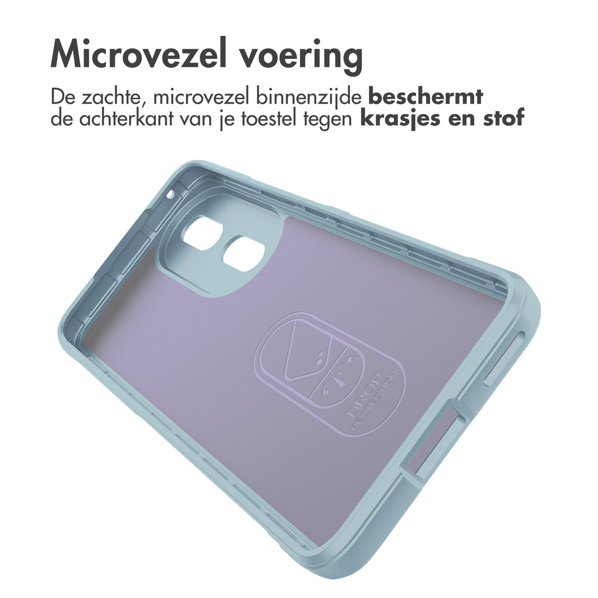 Blauw telefoonhoesje interieur. Drop Protection logo. Paarse achterkant. Witte achtergrond.