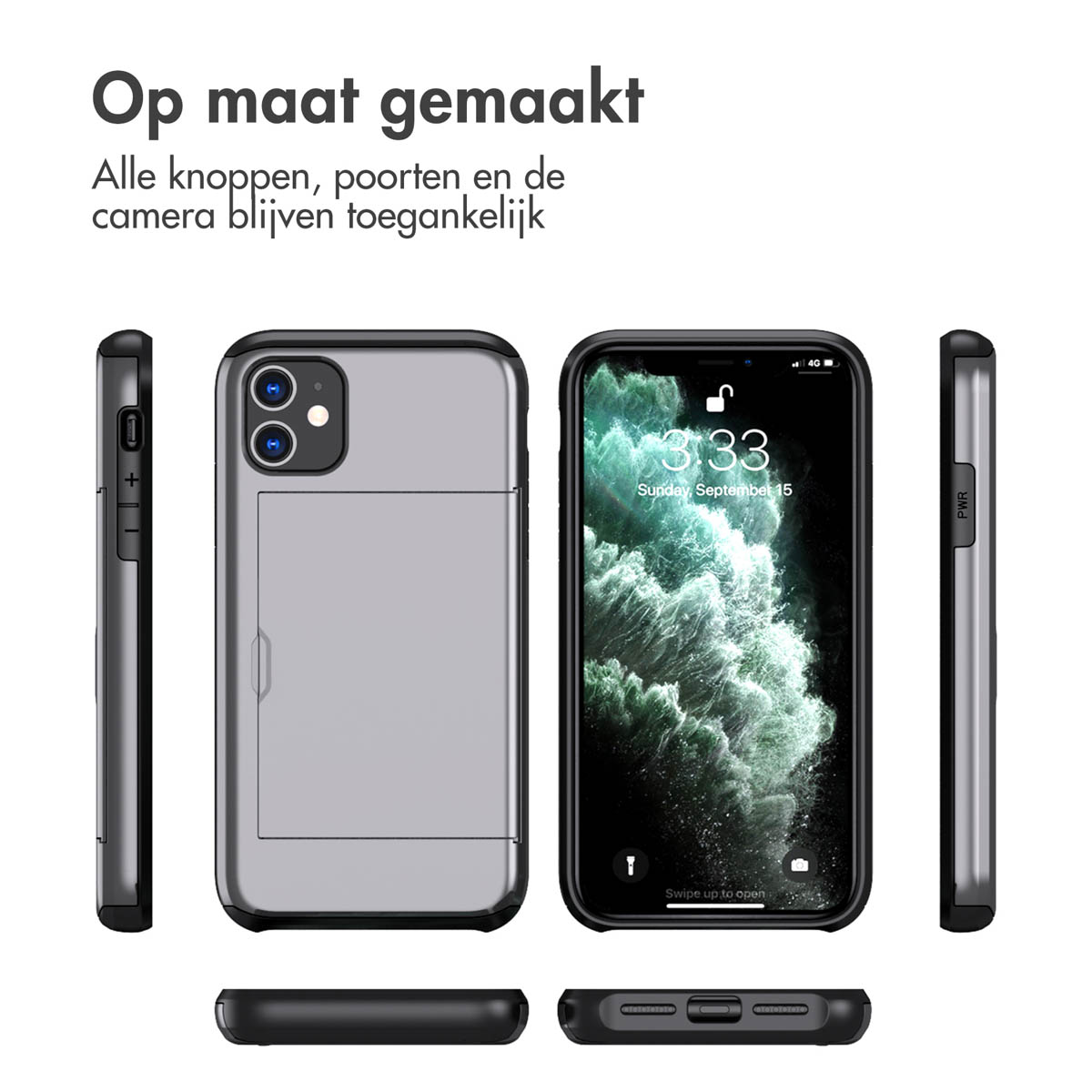 Telefoonhoesje met kaartsleuf. Telefoon zit in de hoes. Toont voor-, achter- en zijkanten.