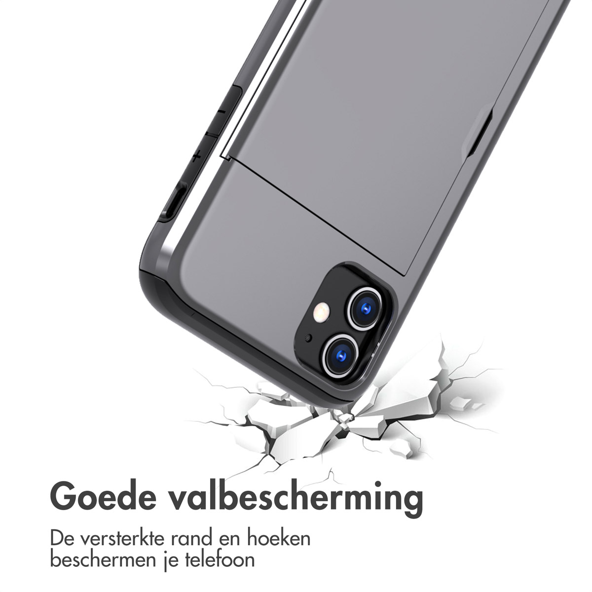 Telefoonhoesje dat een telefoon beschermt. Telefoon is grijs, schade-effect op de grond. Tekst: Goede bescherming.
