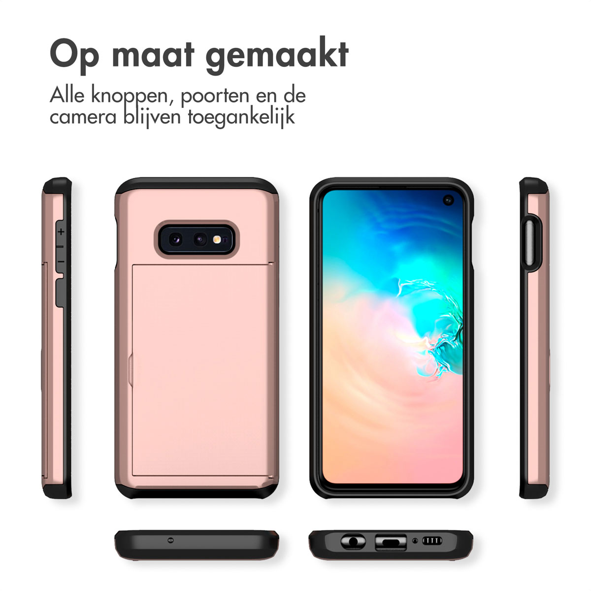 Roze telefoonhoes met kaartsleuf, meerdere hoeken getoond.