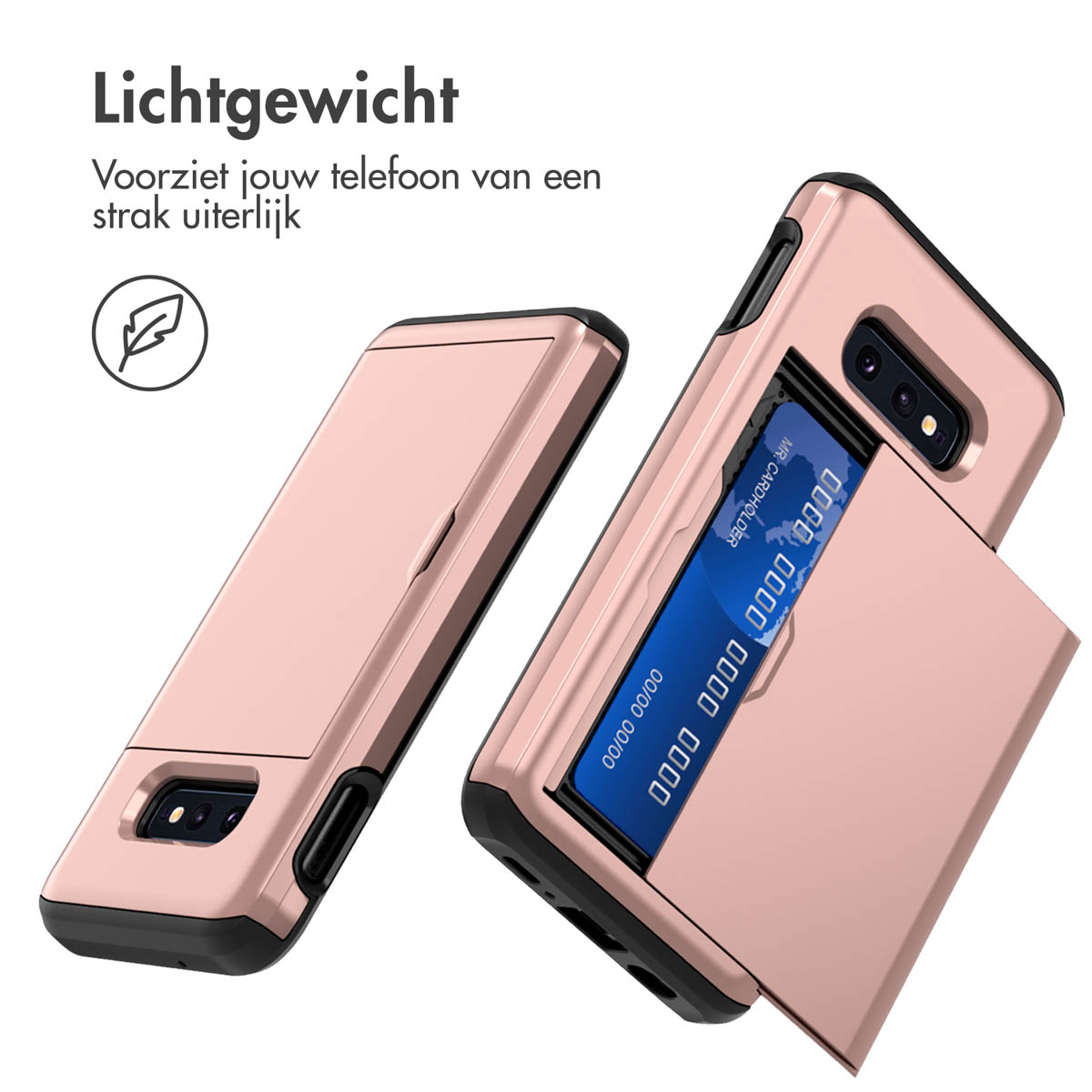 Een rosé gouden telefoonhoesje met een kaarthouder. Tekst: Lichtgewicht. Witte achtergrond.