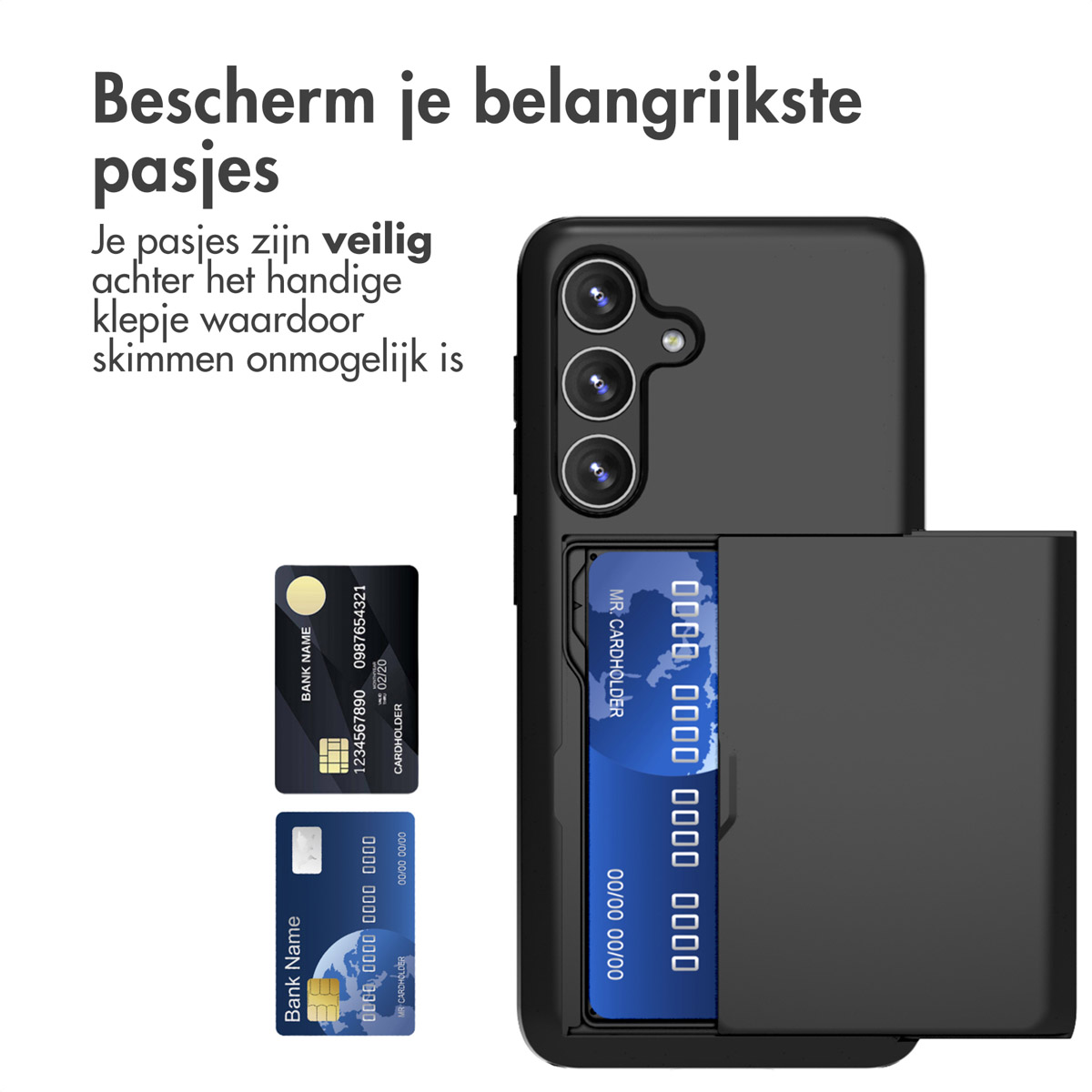 Een zwarte telefoonhoes met sleuven voor kaarten, met twee kaarten ernaast.
