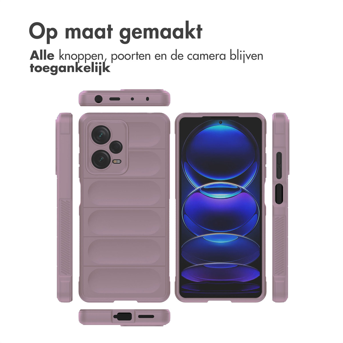 Une coque de téléphone de couleur rose-violet. Plusieurs vues sont affichées, avec un téléphone à l'intérieur.