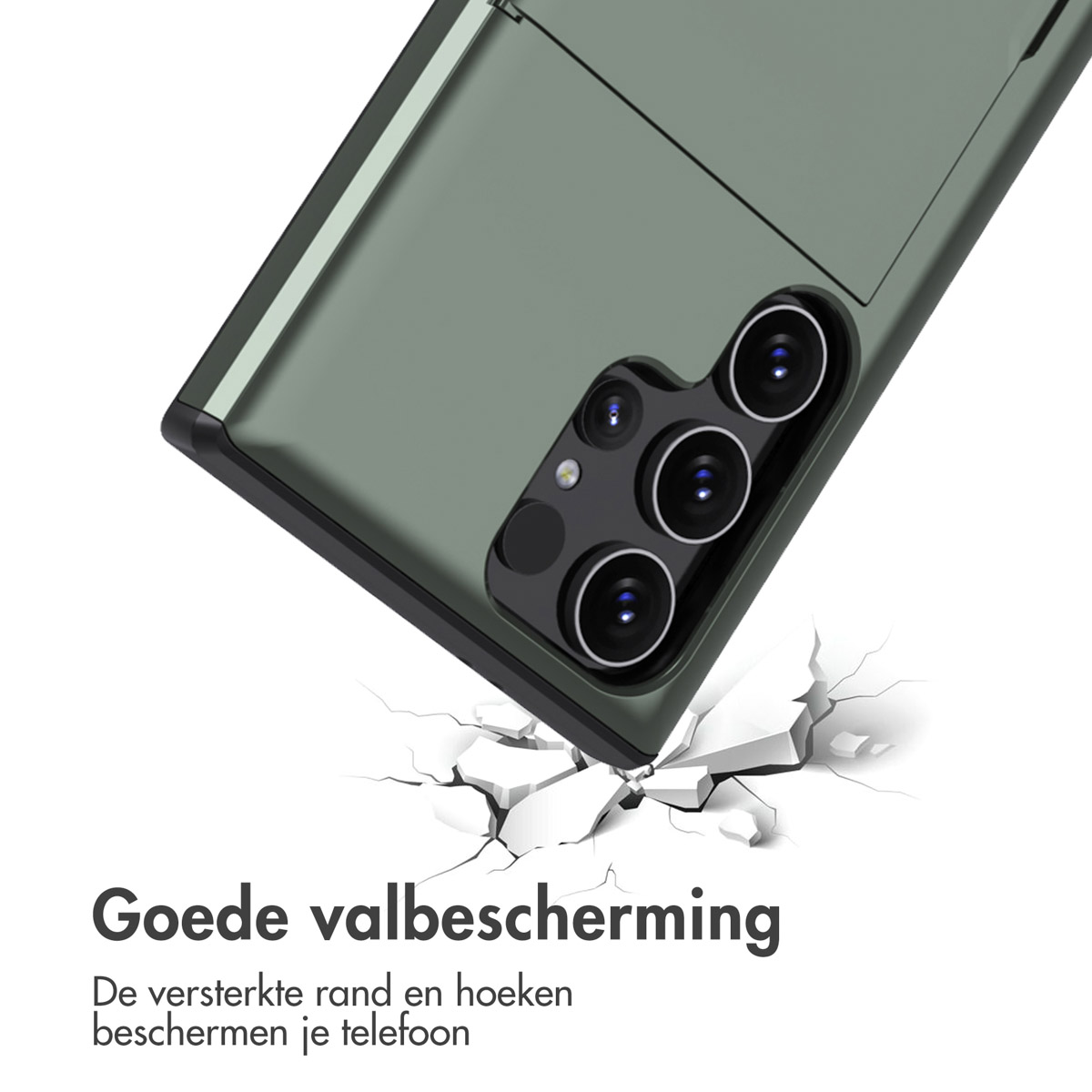Een groene telefoonhoes. Er zit een telefoon in. Scheuren worden hieronder getoond, wat op valbescherming duidt.