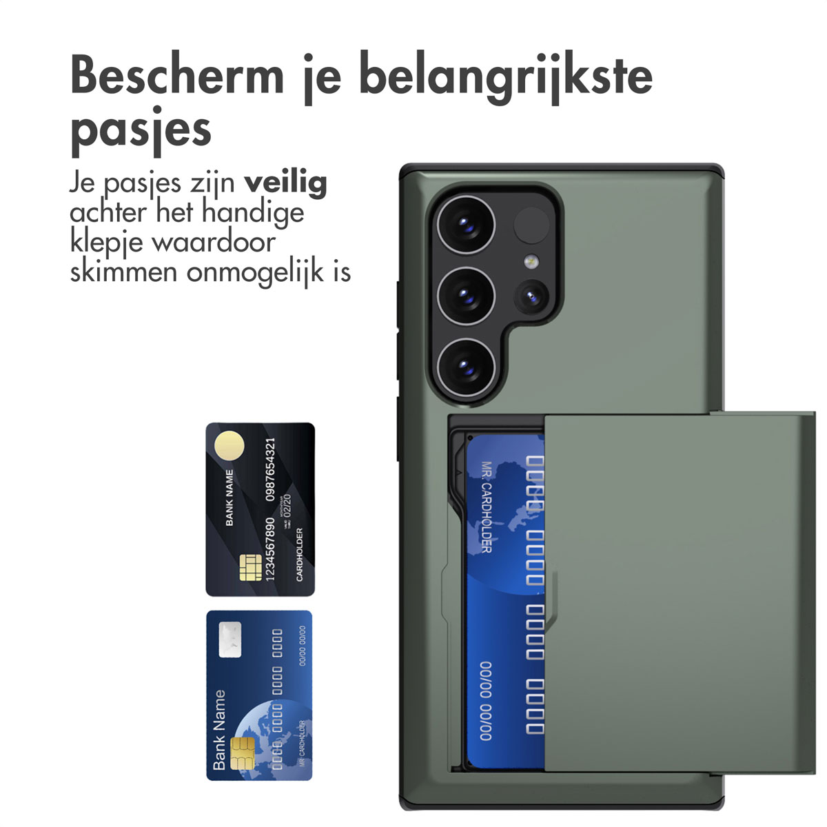 Een telefoonhoesje met twee kaarten zichtbaar. De hoes is open en heeft een kaarthouder.