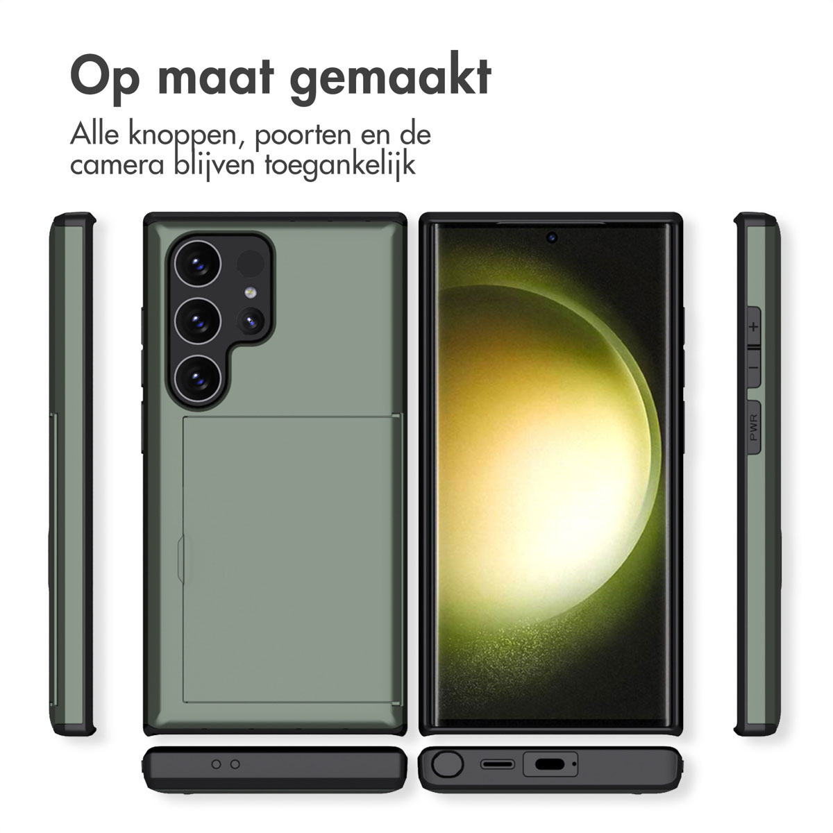 Meerdere weergaven van een donkergroen telefoonhoesje, met kaarthouder en zichtbaar scherm.