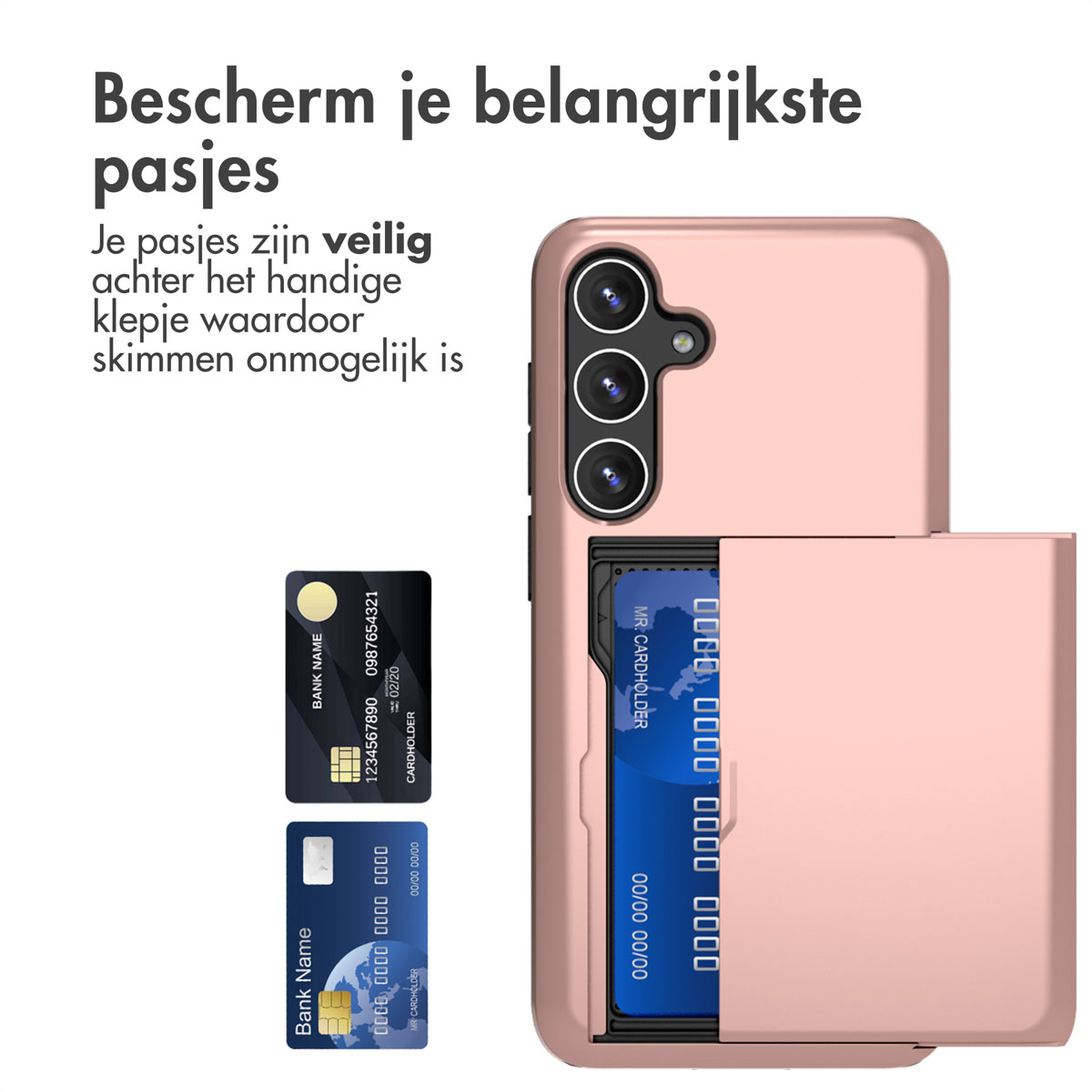 Een roze telefoonhoes met kaarten erin. Twee creditcards zijn zichtbaar. Het toont een kaarthouder.