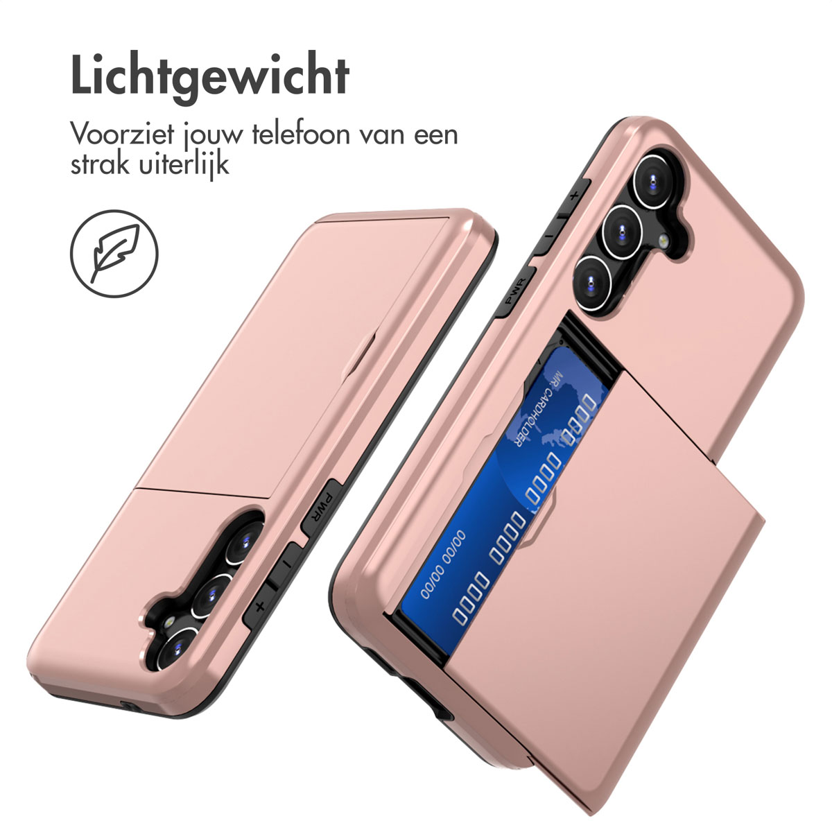 Roségouden telefoonhoesje met een open kaarthouder. Creditcard zichtbaar.