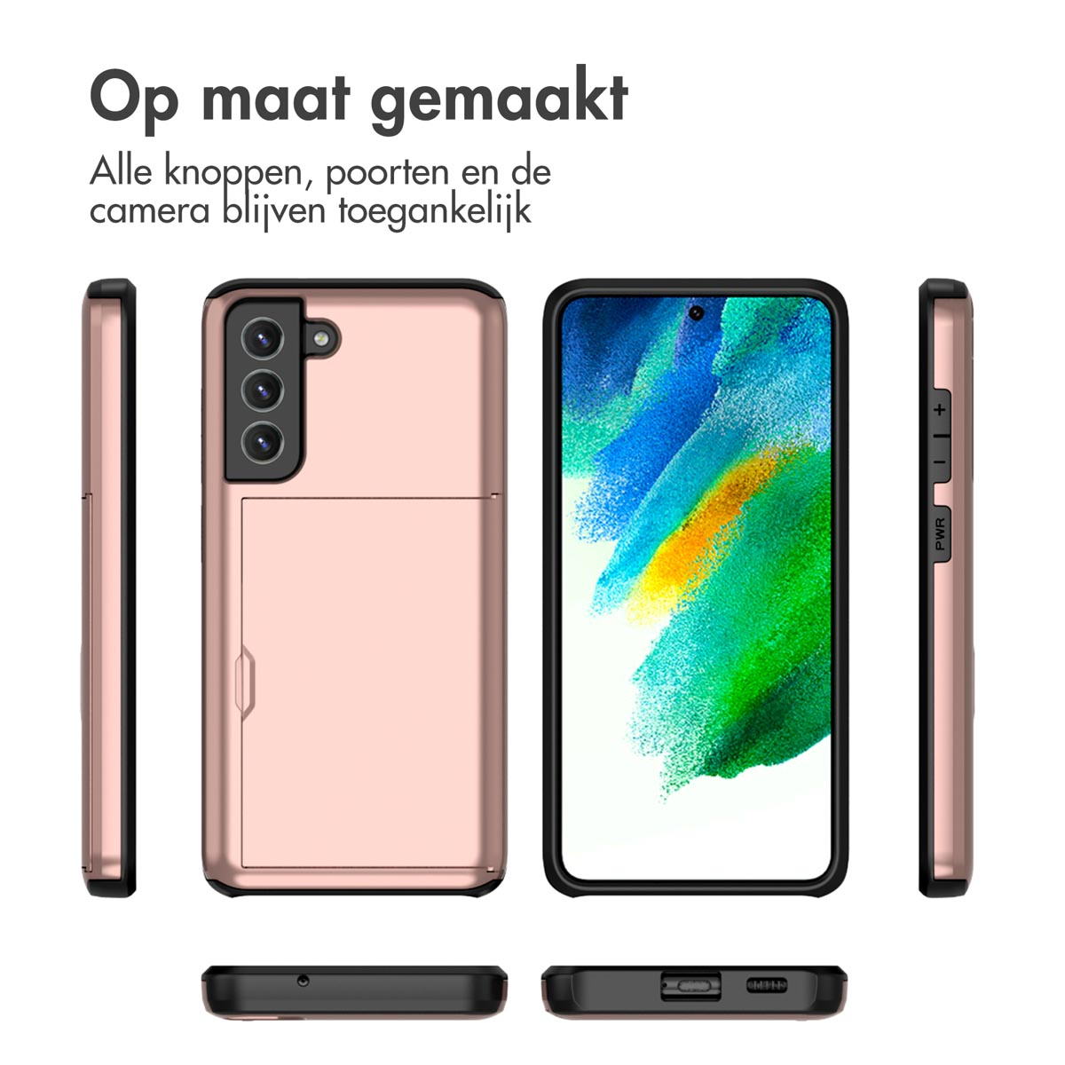 Roségouden telefoonhoes, verschillende hoeken. Kaartsleuf zichtbaar. Witte achtergrond. Zwarte telefoon.