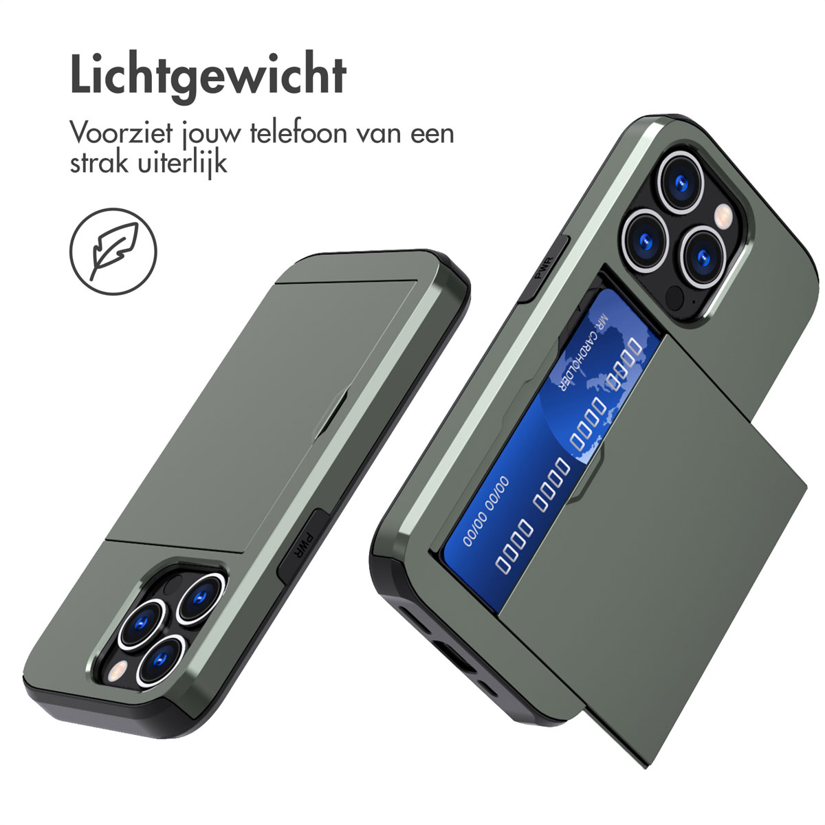 Telefoonhoesje met een kaartsleuf. Groen-grijze kleur. Telefoon rechts. Witte achtergrond.