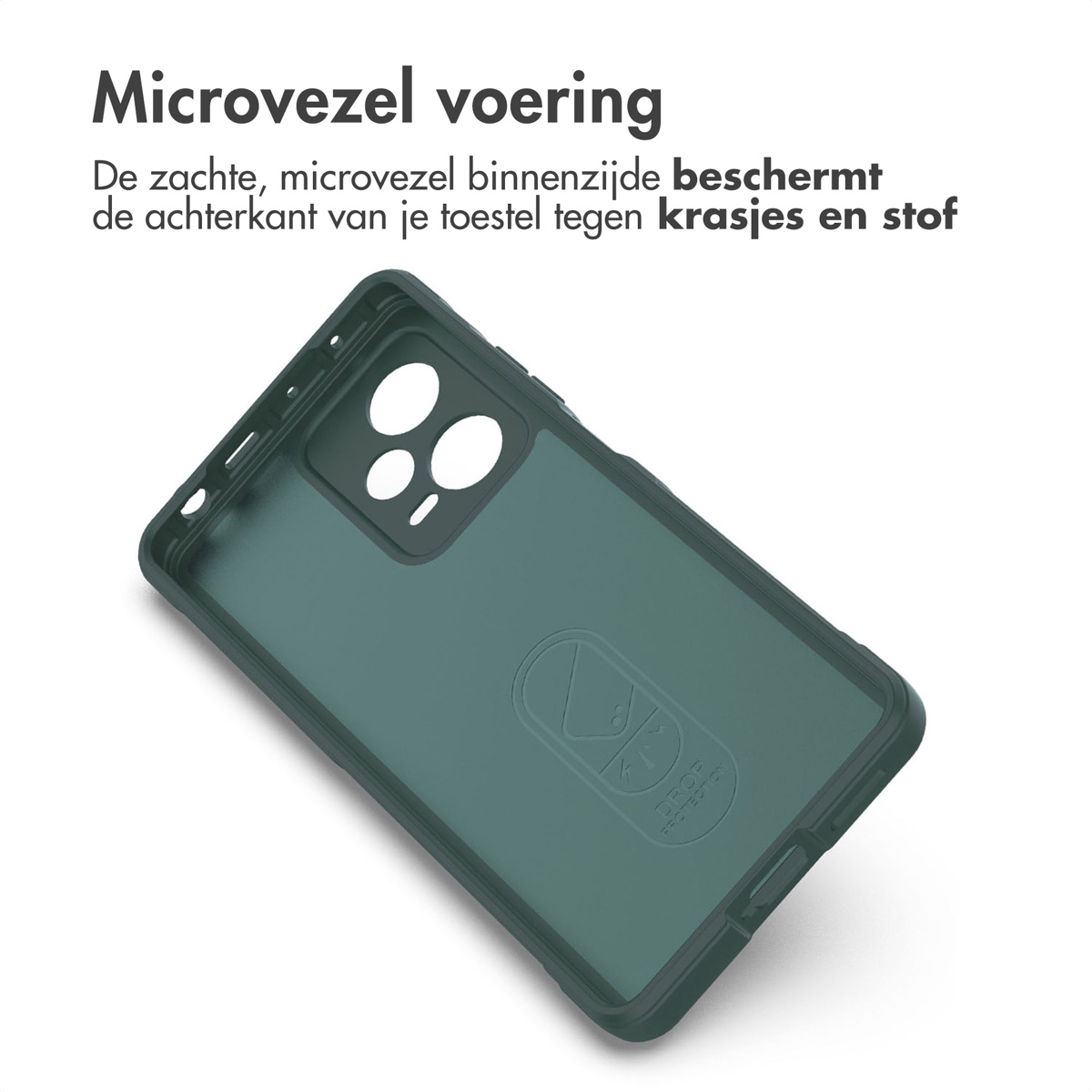 Donkergroene telefoonhoes binnen, zwart frame, schuine weergave.