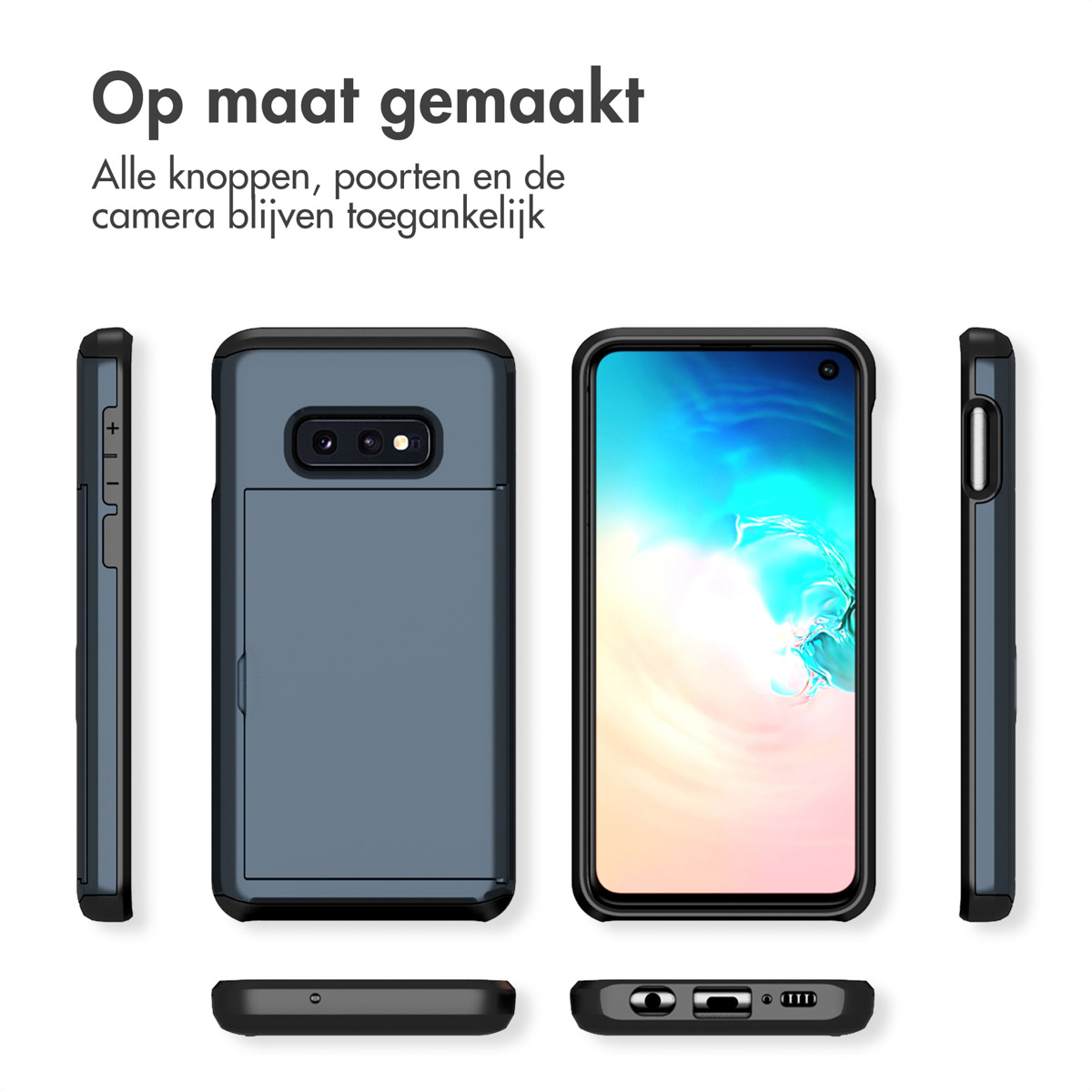 Étui de téléphone en plusieurs vues, bleu foncé, avec découpe caméra et fente pour carte.