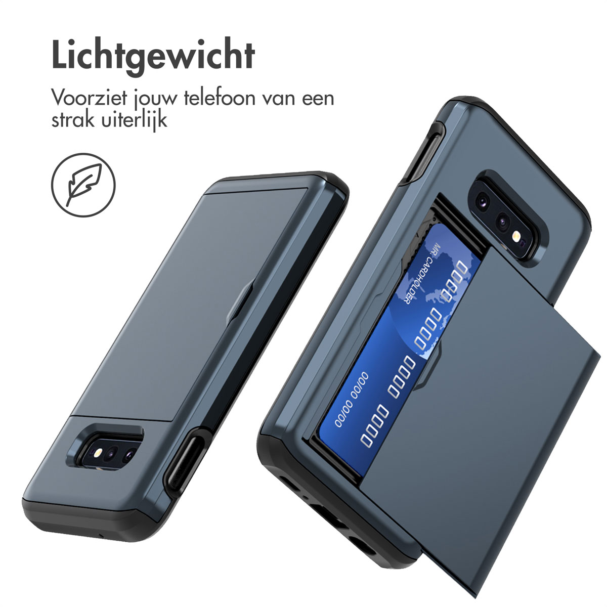 Deux étuis de téléphone : un ouvert montrant une carte, un fermé. Bleu foncé, fond blanc.