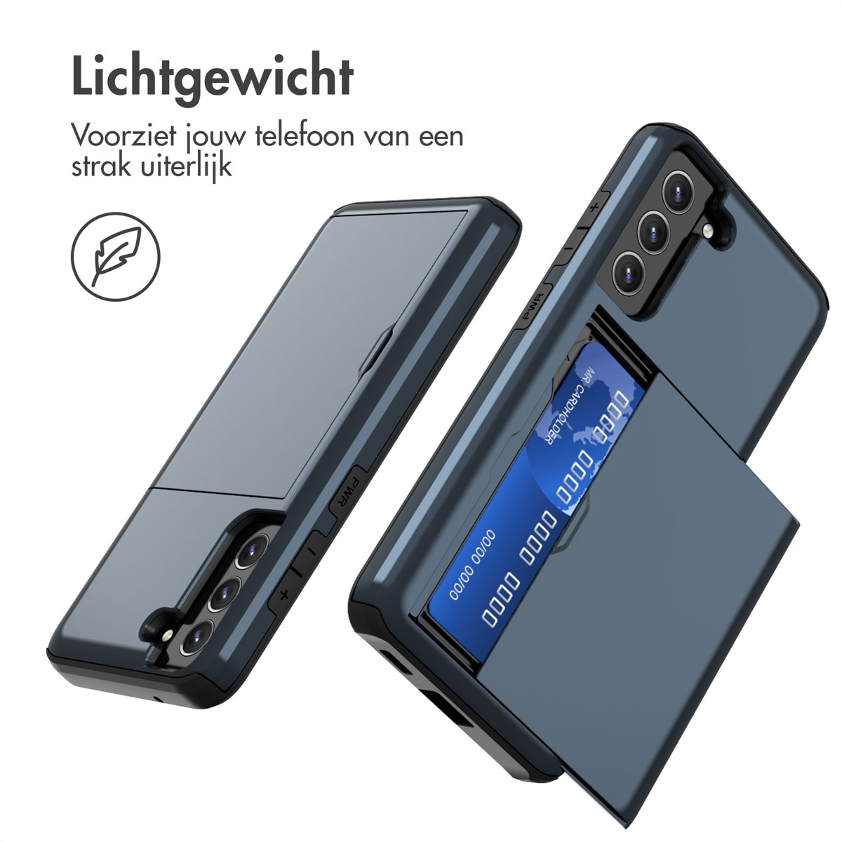 Een marineblauwe telefoonhoes met een kaartsleuf en een telefoonhoes met een kaart erin.