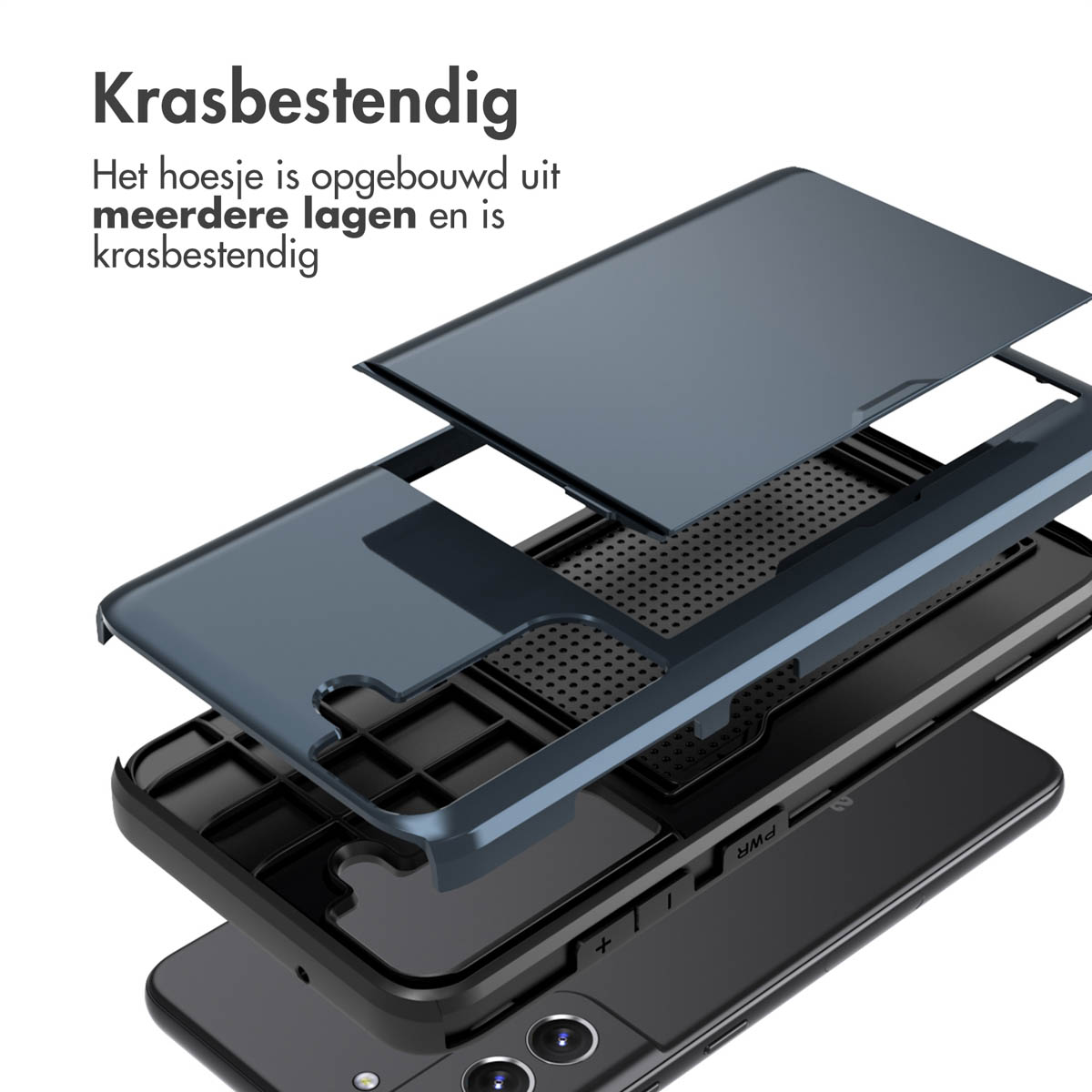 Telefoonhoeslagen. Donkerblauwe hoes, zwart gaas en telefoon. Tekst: krasbestendig.