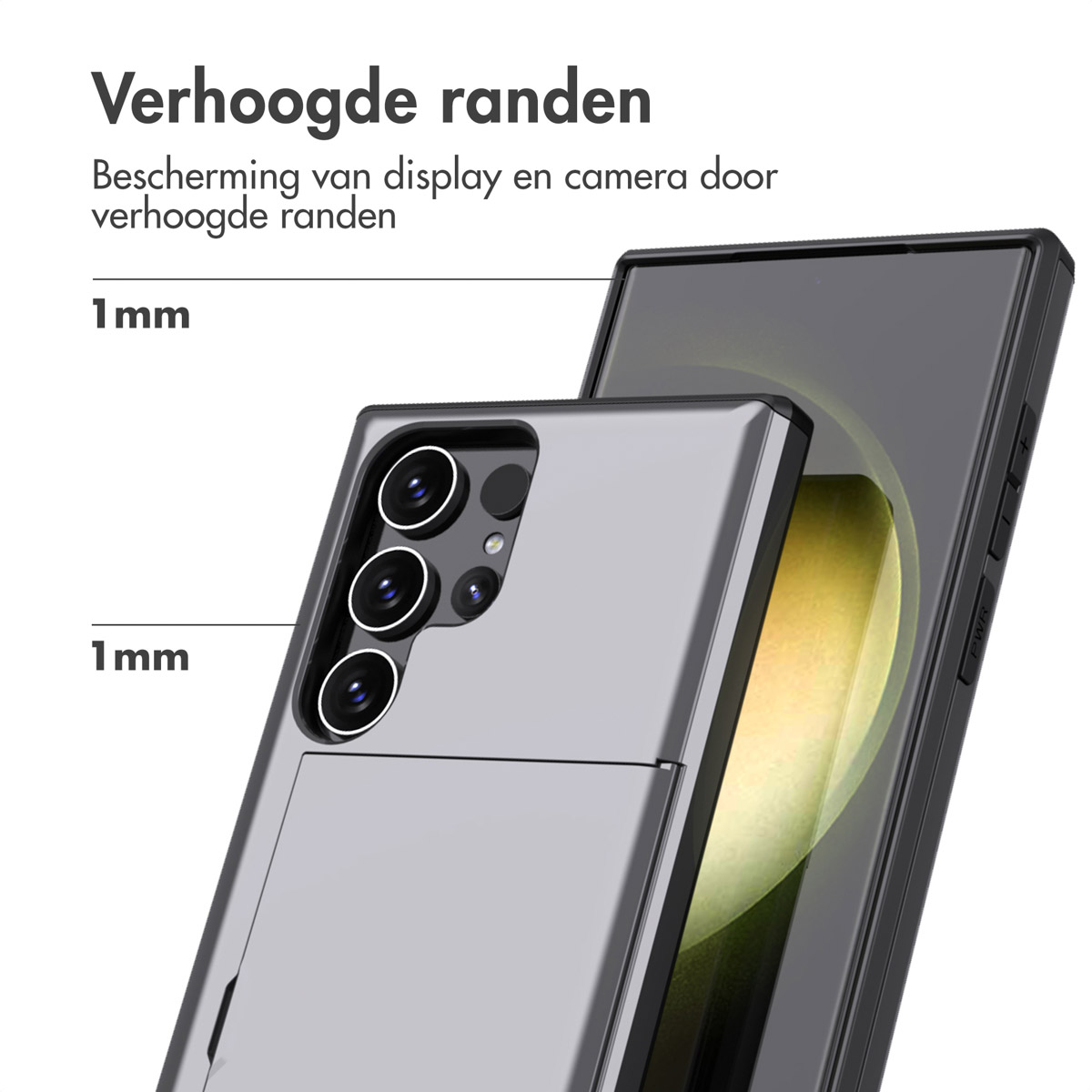 Telefoonhoes met verhoogde randen, met een telefoon met camerabult en scherm.