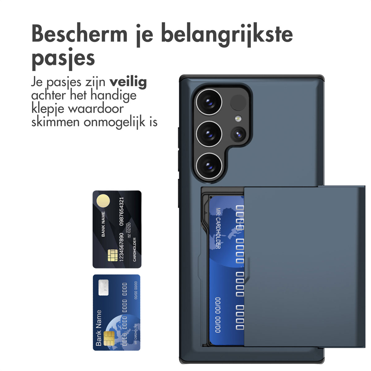 Telefoonhoesje met kaarthouder. Twee creditcards zijn zichtbaar. Hoes is donkerblauw.