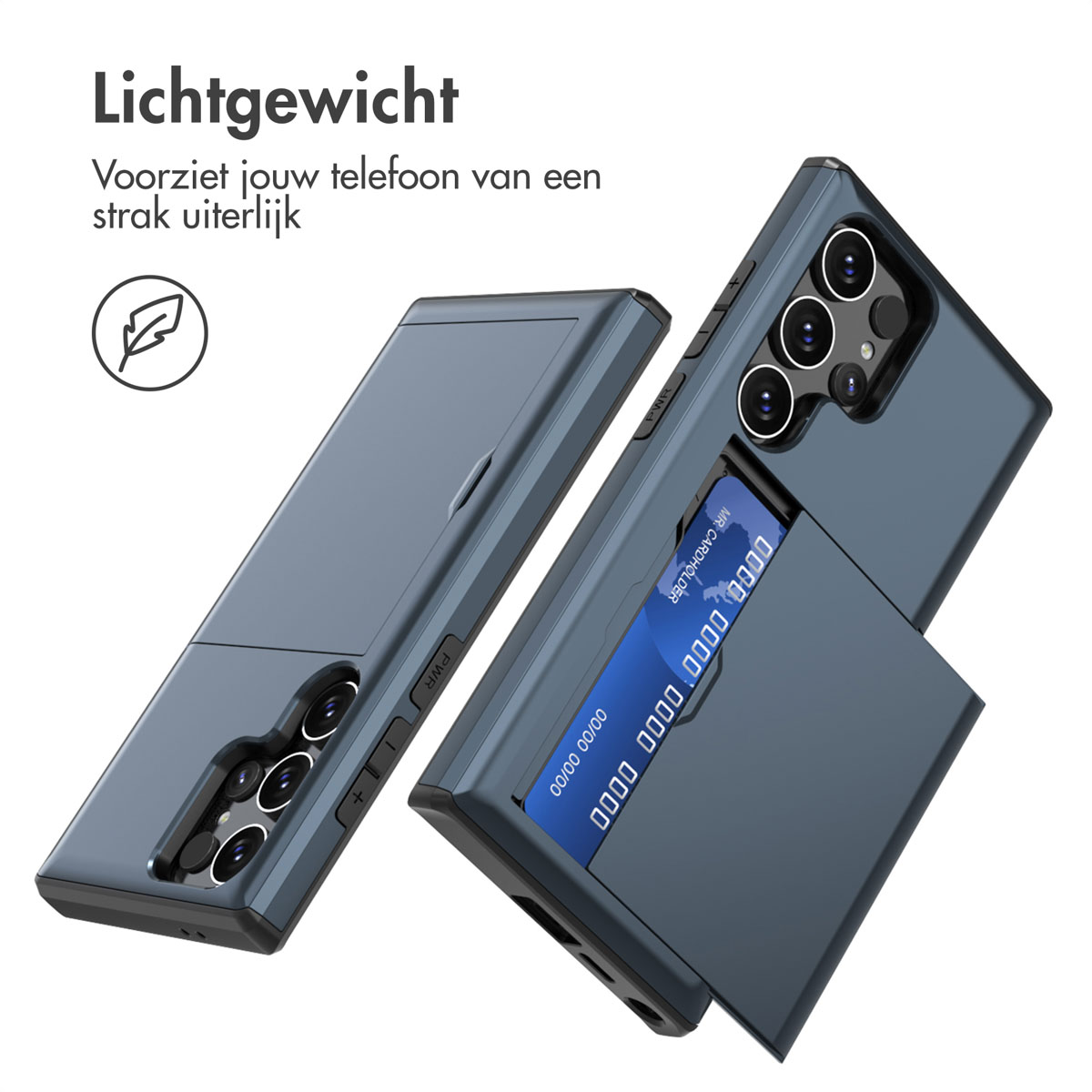Blauwe telefoonhoes met een kaarthouder. Een creditcard zit in de houder.