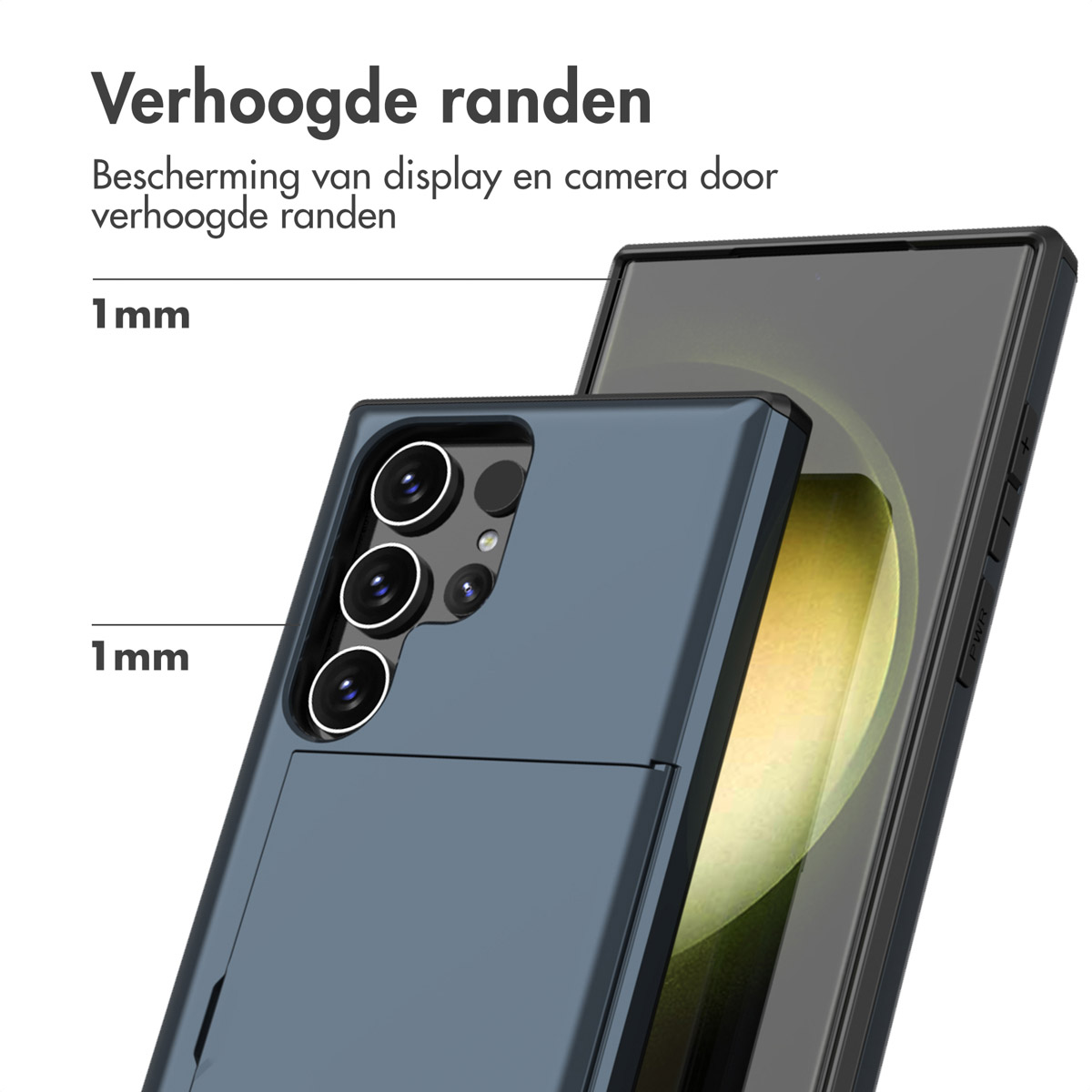 Een telefoonhoesje wordt getoond met een telefoon ernaast, met verhoogde randen.