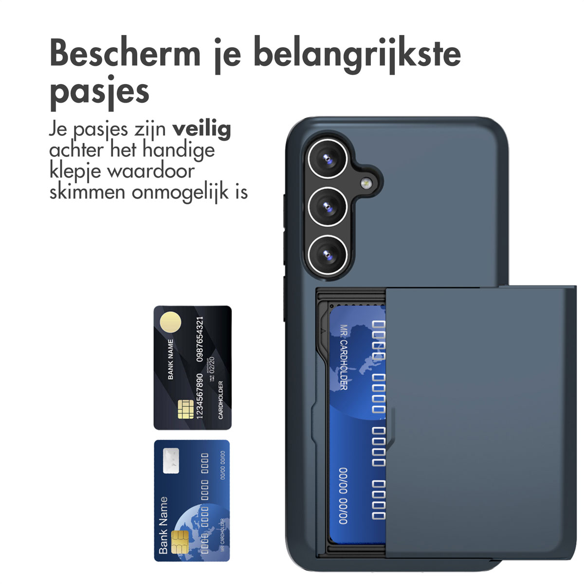 Telefoonhoesje met kaarthouder, twee creditcards zijn zichtbaar. De hoes is donkerblauw.