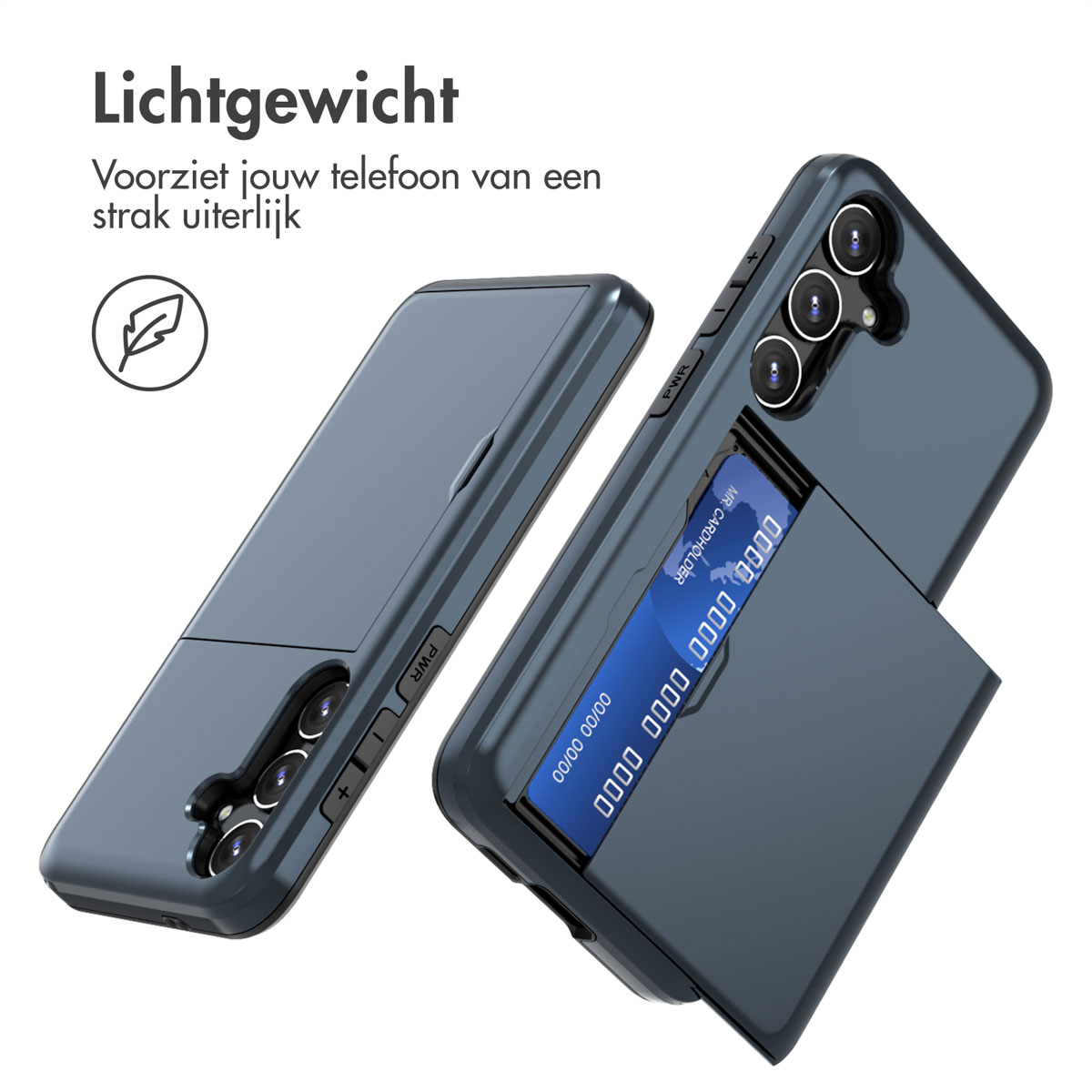 Blauw telefoonhoesje met een open kaarthouder. Creditcard zichtbaar.