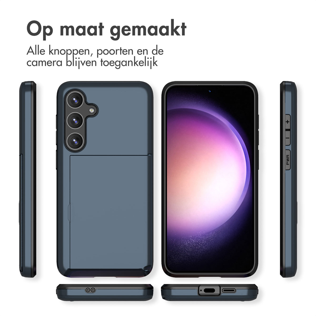 Telefoonhoesje in profiel. Donkerblauw. Telefoon in hoesje. Witte achtergrond.