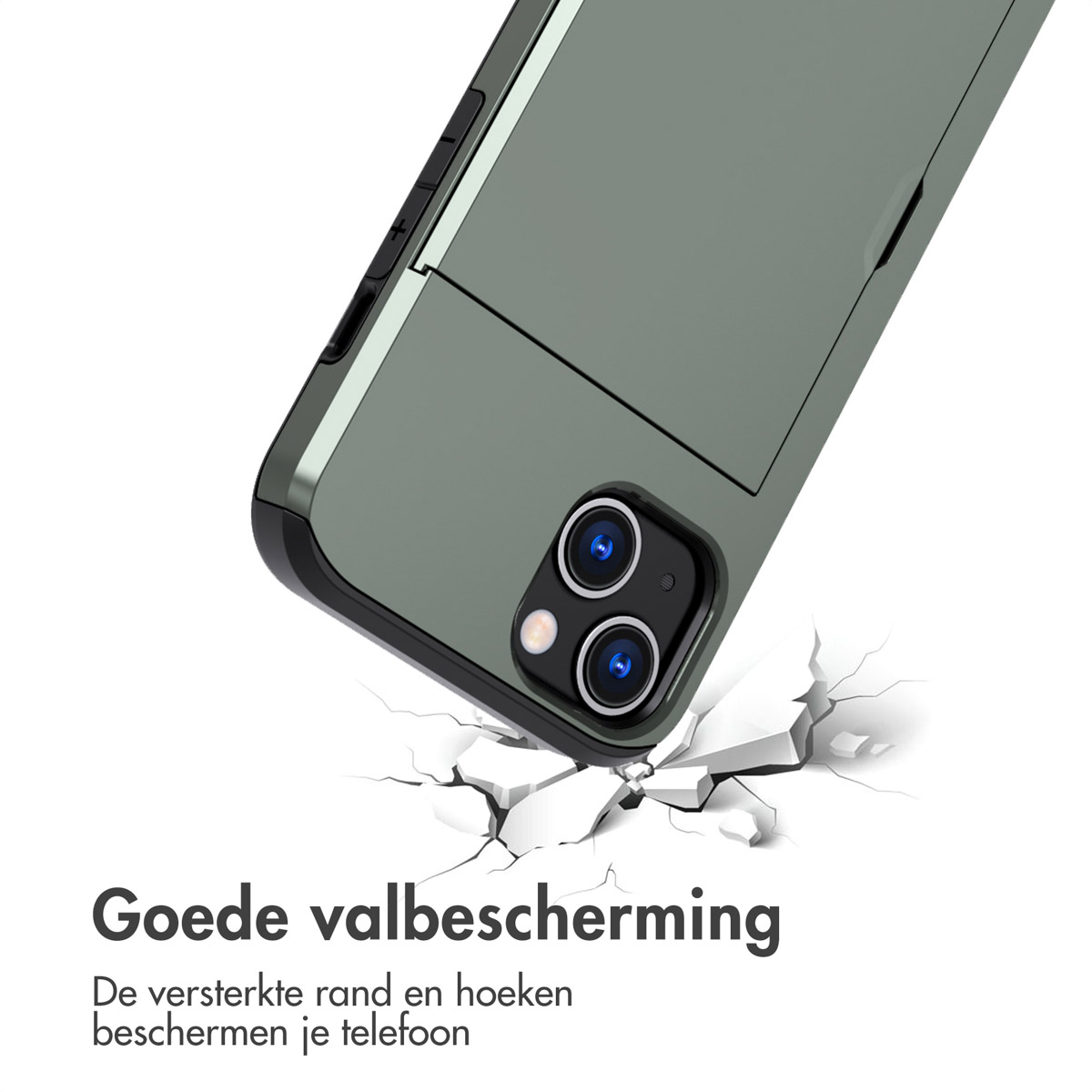 Een telefoonhoesje, olijfgroen, met een gebarsten grondeffect, toont goede bescherming.