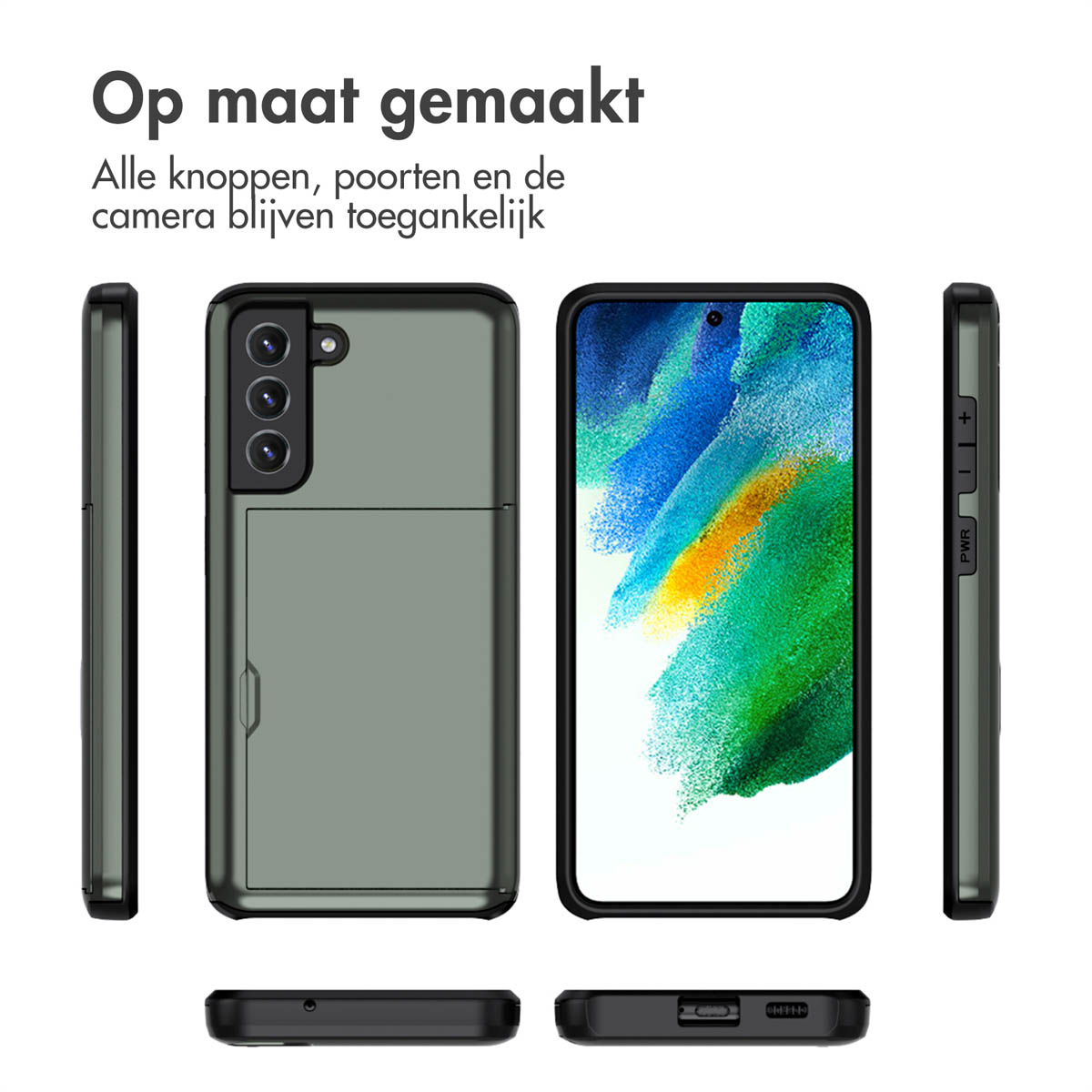 Telefoonhoesje. Donkergroen. Zijaanzicht en vooraanzicht. Witte achtergrond.