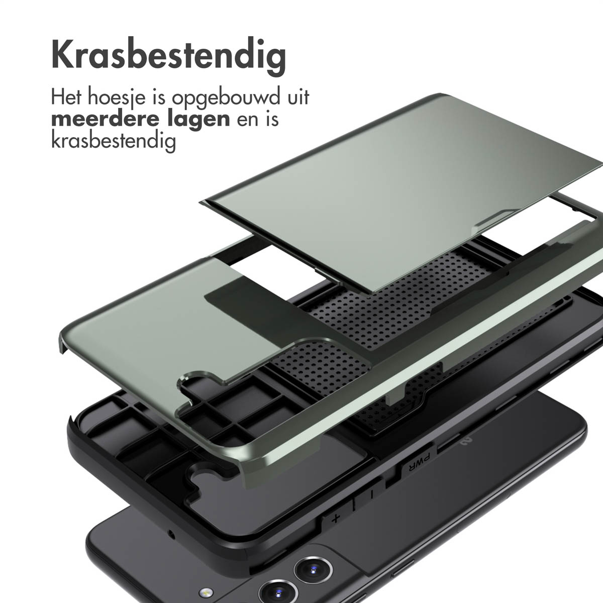 Telefoon in lagen: zwart, groen en transparante cover. Op een witte achtergrond.