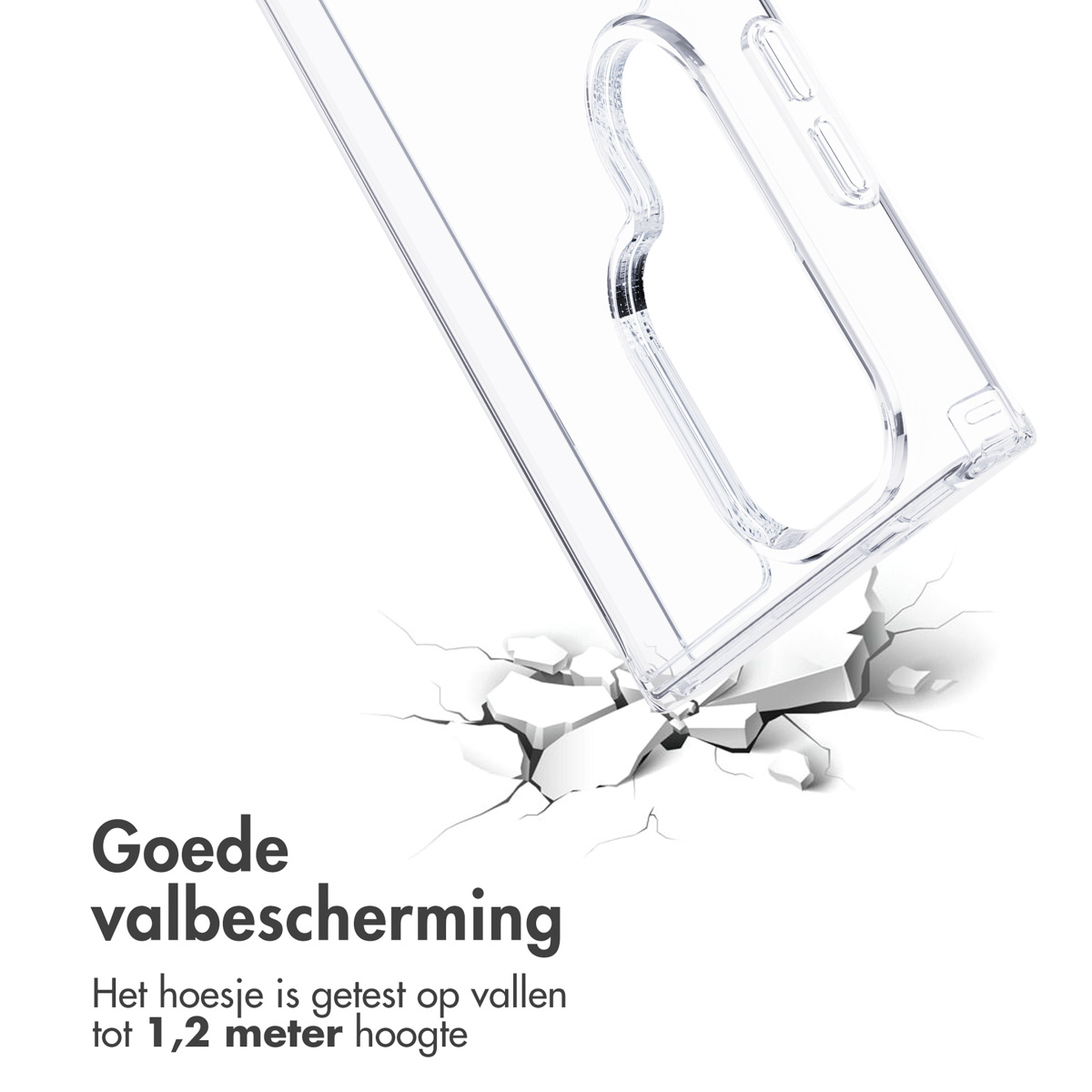 Coque transparente, brisant une surface blanche. Montre la résistance aux chocs.