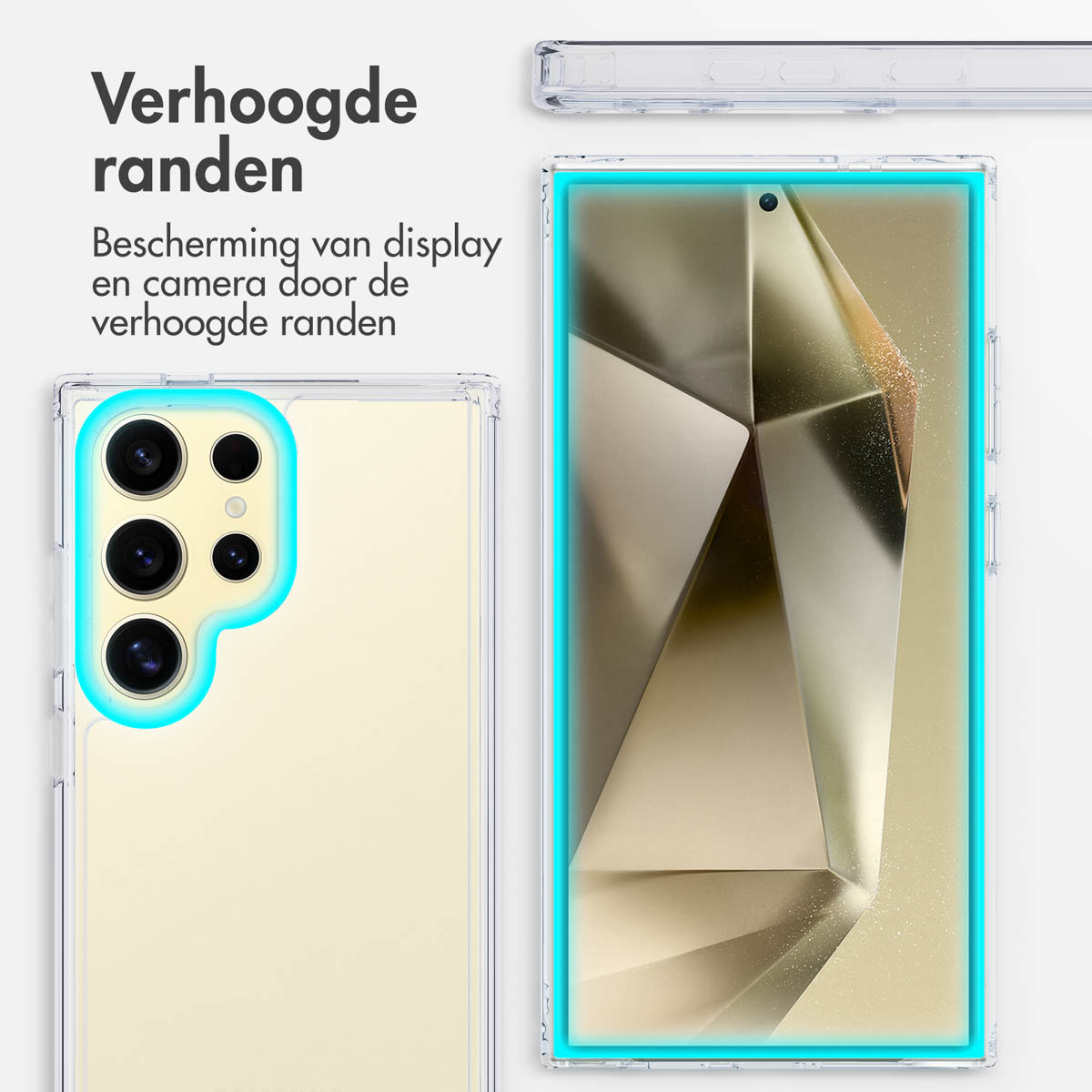 Deux téléphones dans des étuis transparents sur fond blanc, avec contour bleu autour de l'écran.