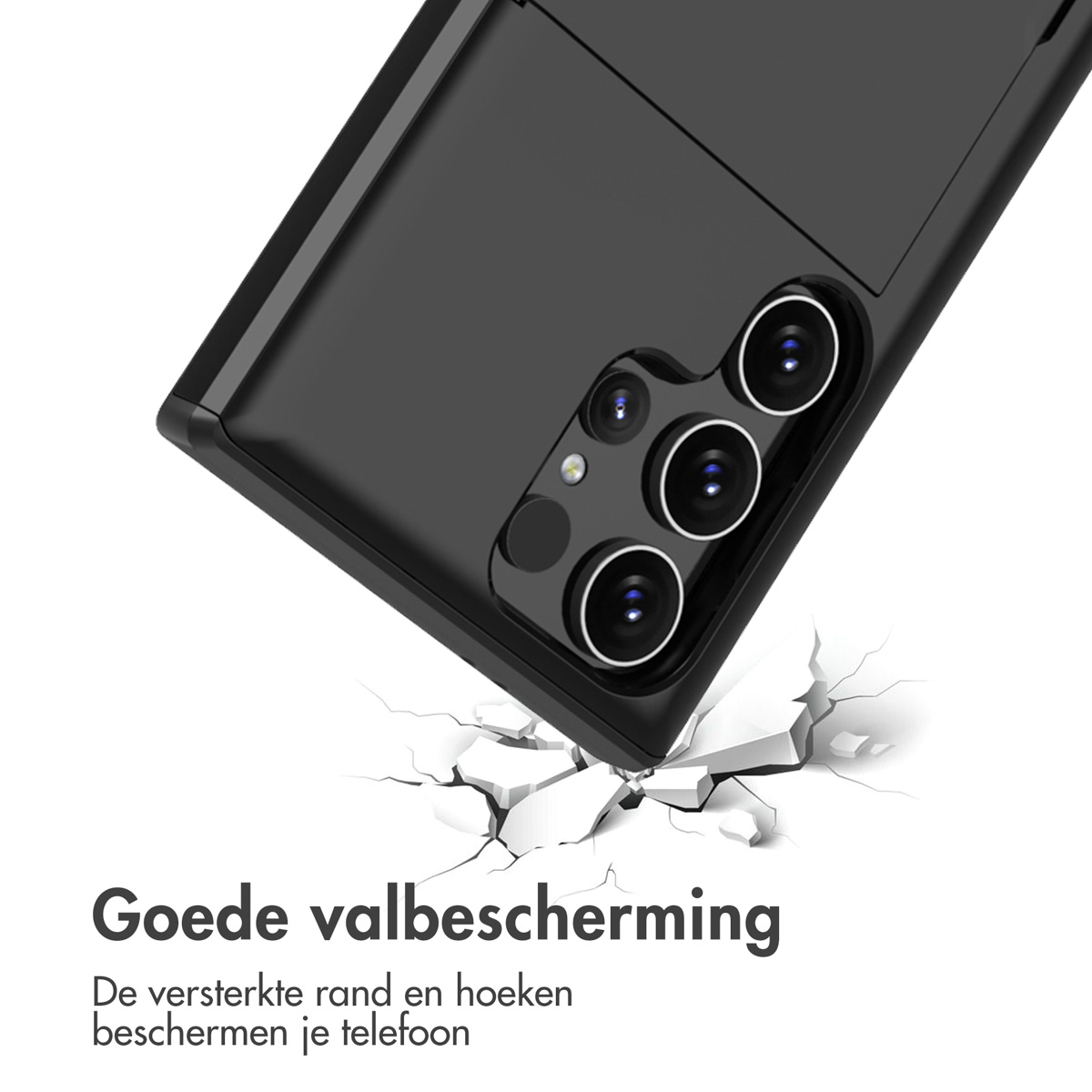 Zwarte telefoonhoes op een gebarsten oppervlak, toont valbescherming.