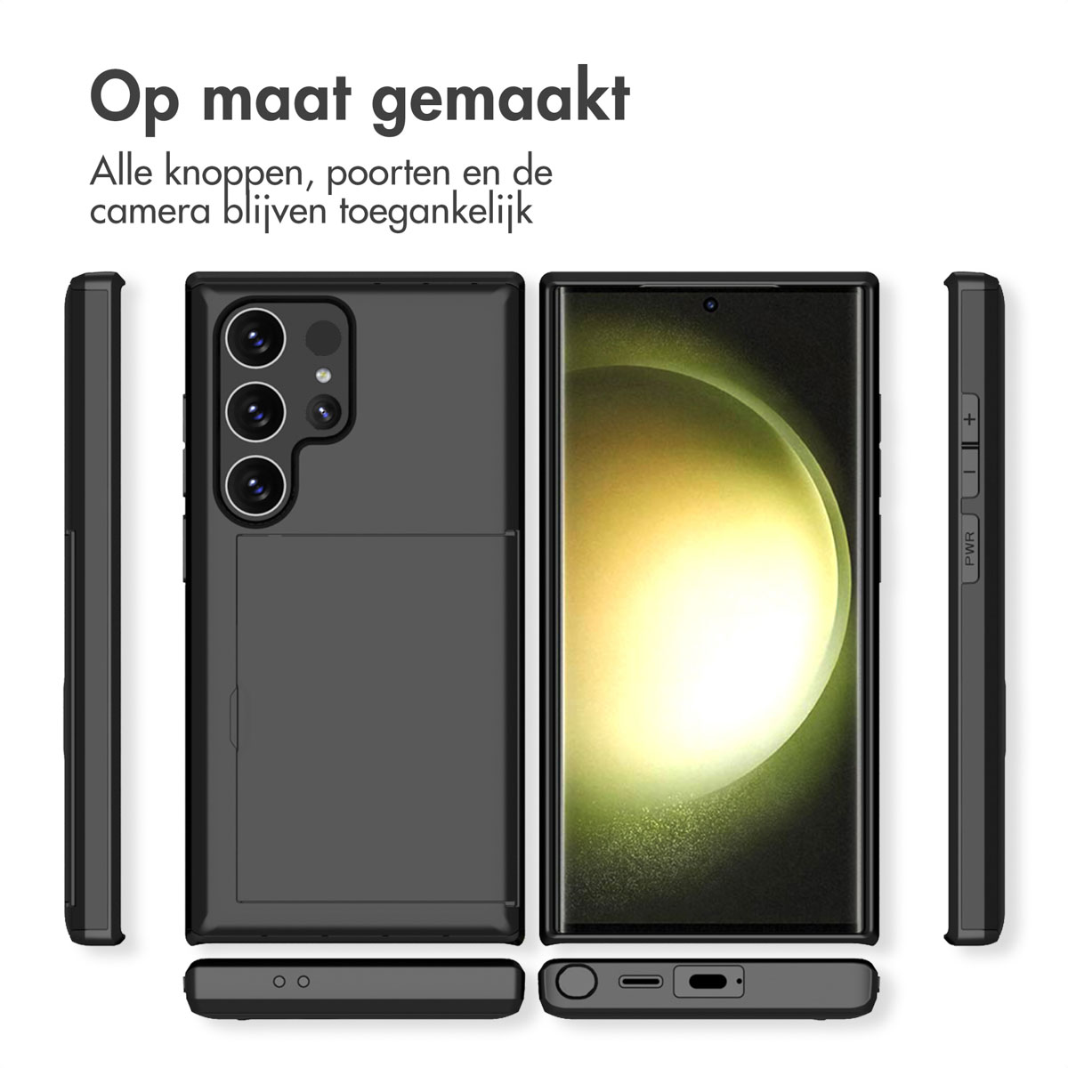 Een zwarte telefoonhoes met een sleuf voor kaarten en een telefoon erin. Meerdere weergaven van de hoes.