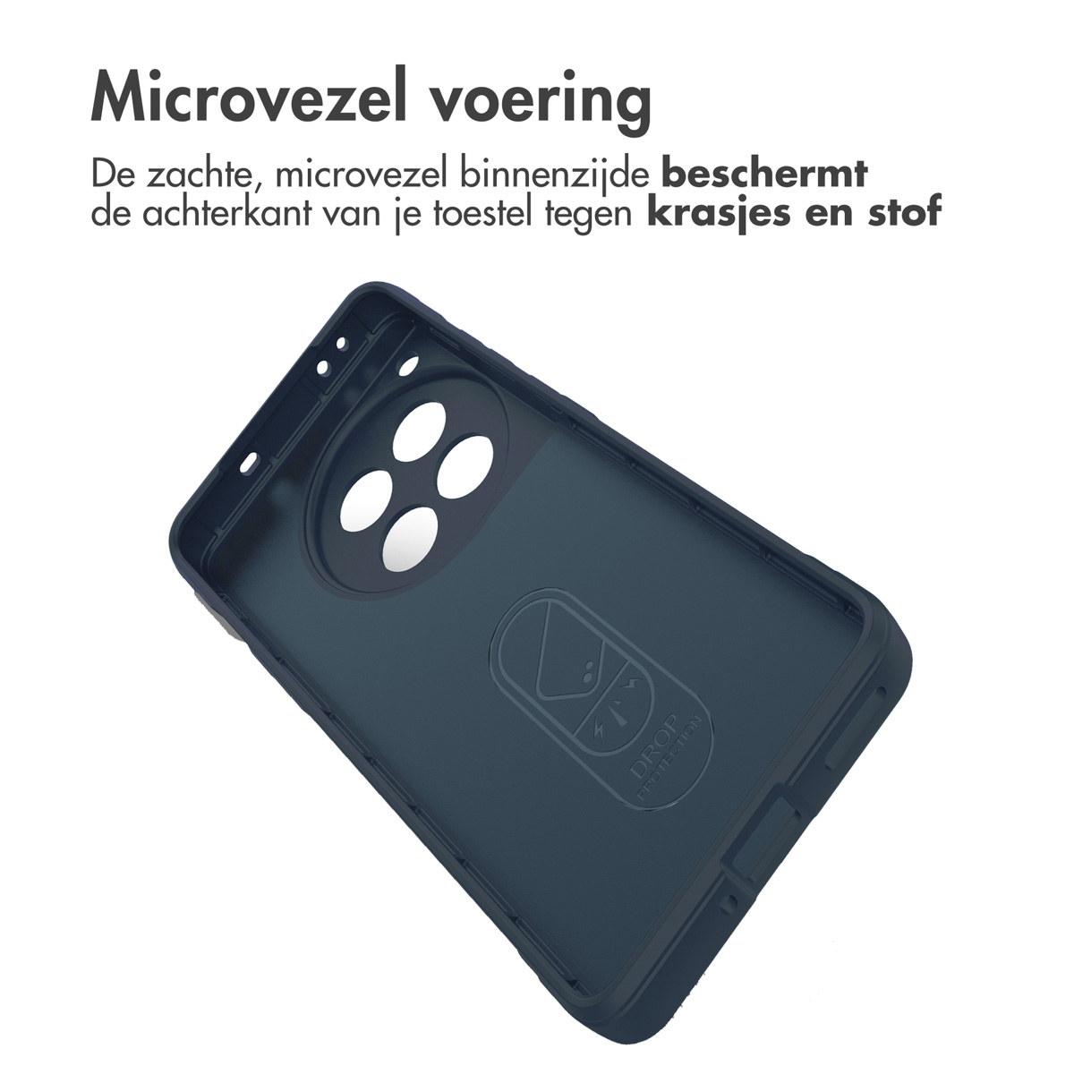 Interno della custodia del telefono blu navy con quattro fori per la fotocamera. L'interno è morbido.