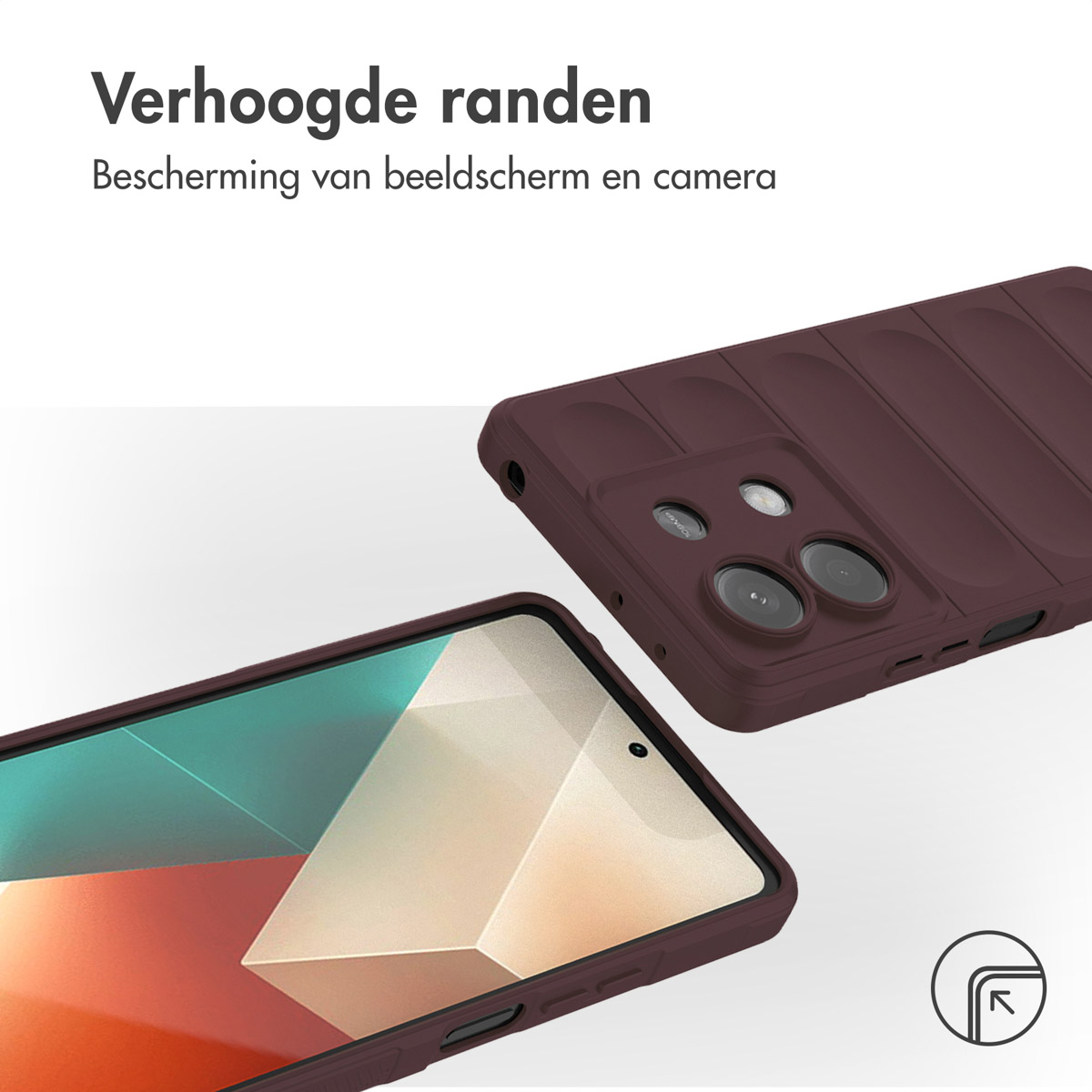 Een telefoonhoesje wordt getoond, met een telefoon erin en beschermlagen.