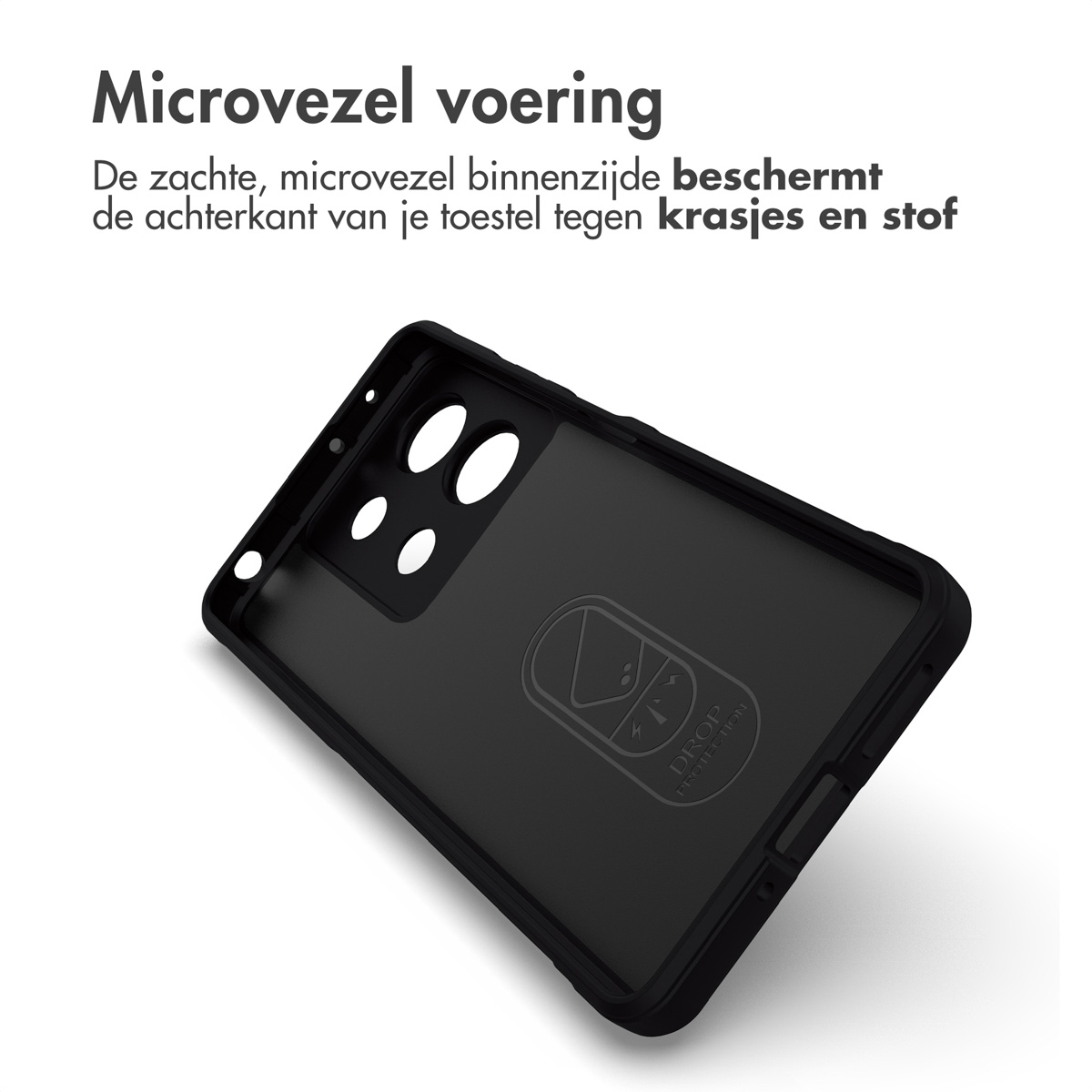 Zwart telefoonhoesje interieur met camera-uitsparingen en het merklogo.