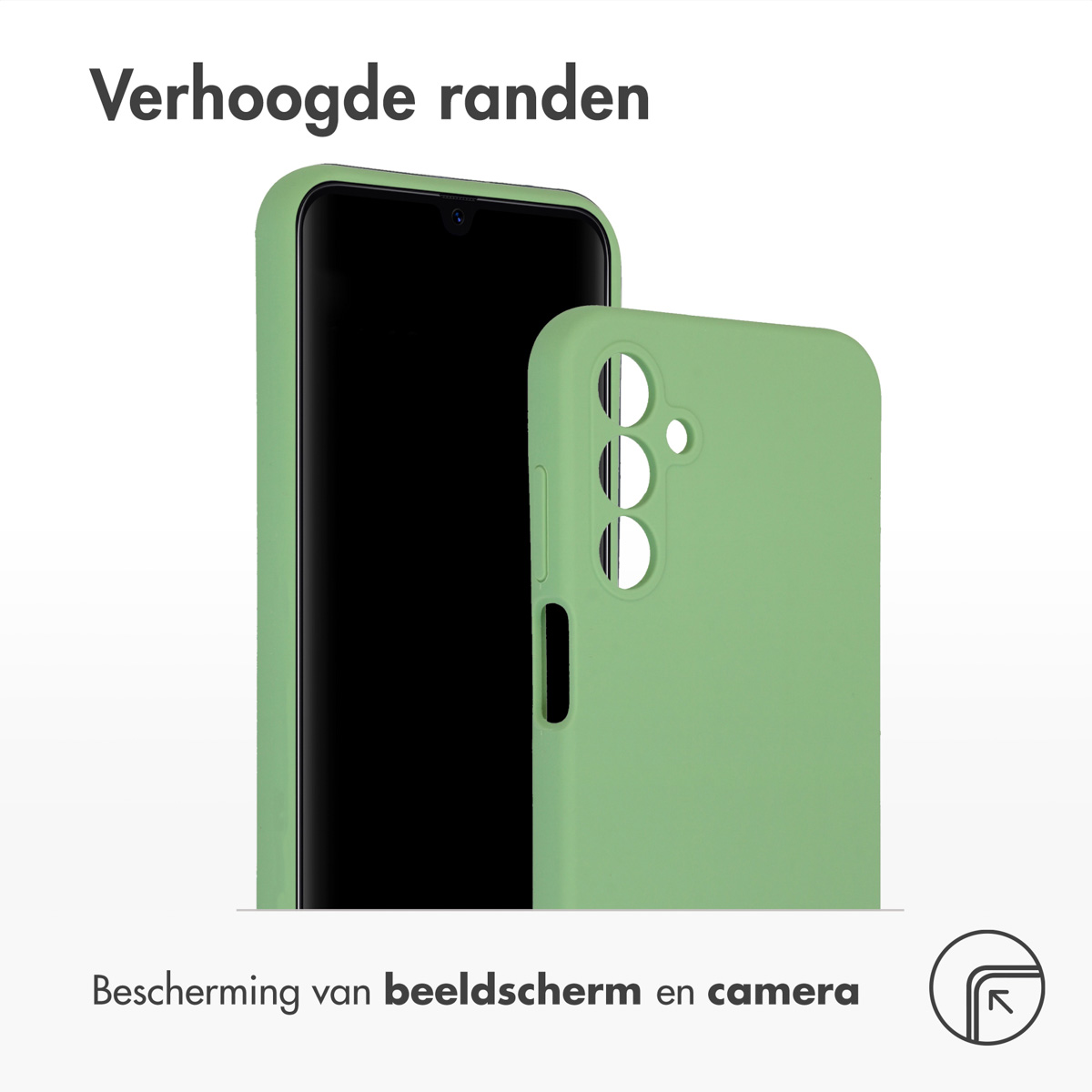 Een telefoonhoesje en een telefoon. De hoes is groen. Tekst: Verhoogde randen.