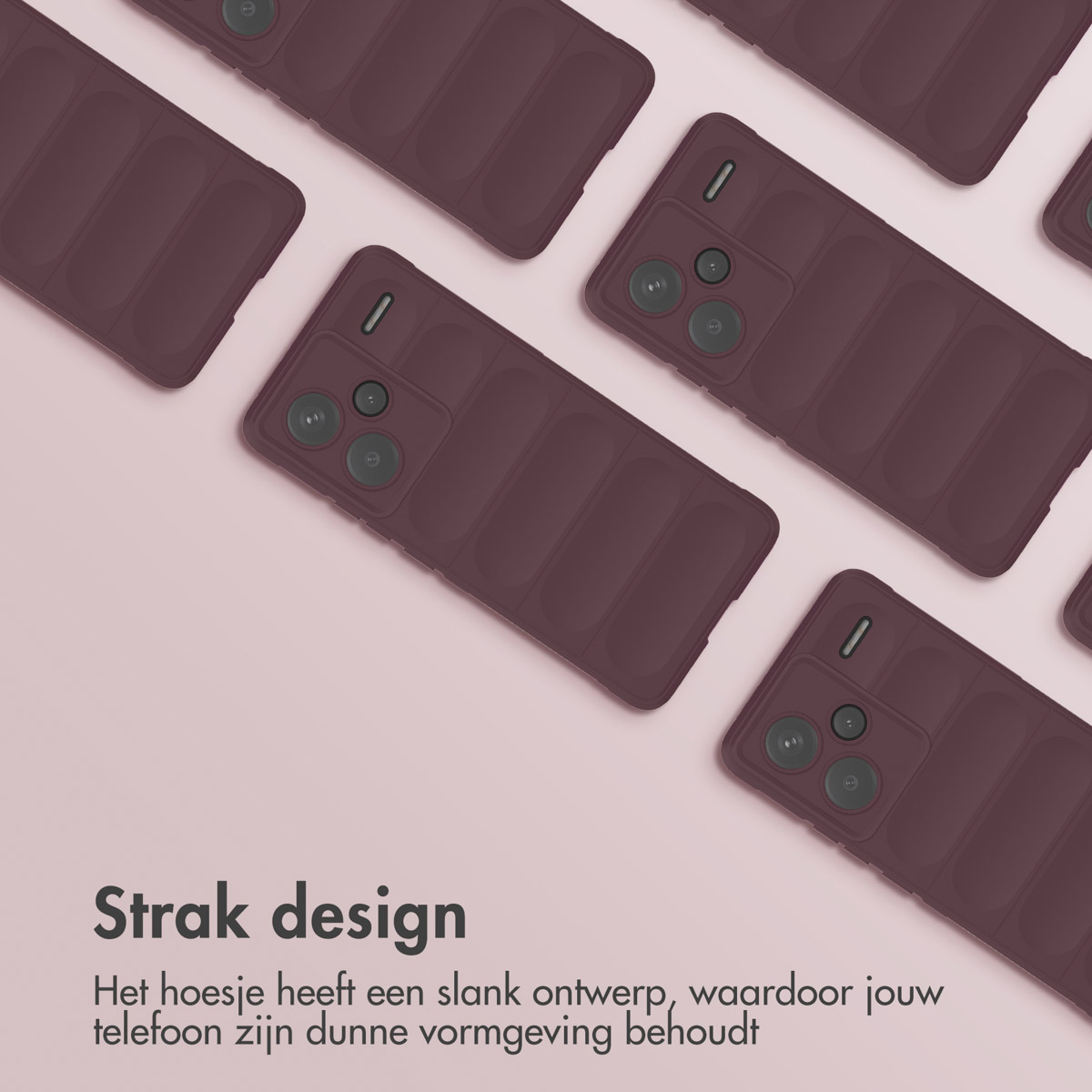Er worden meerdere telefoonhoesjes weergegeven. De hoesjes zijn bruin. Tekst: Strak design.