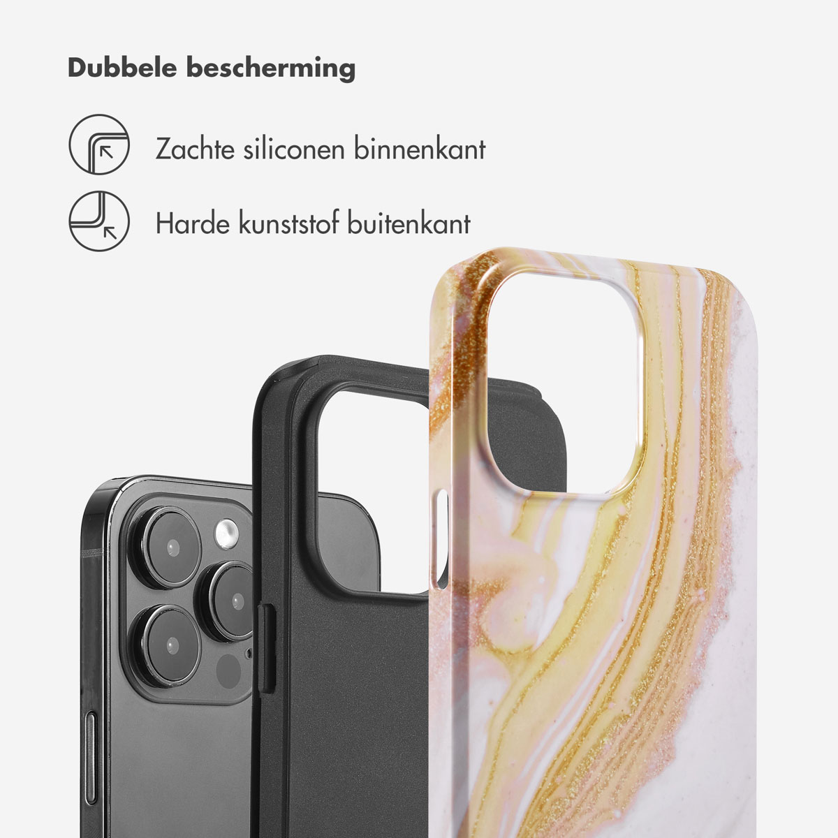 Een telefoonhoesje wordt getoond met een telefoon ernaast, met verhoogde randen.