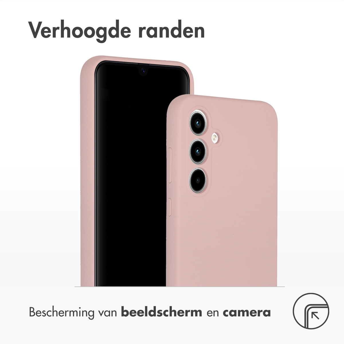 Zwei Telefone in rosa Hüllen, eines zeigt den Bildschirm, weißer Hintergrund.