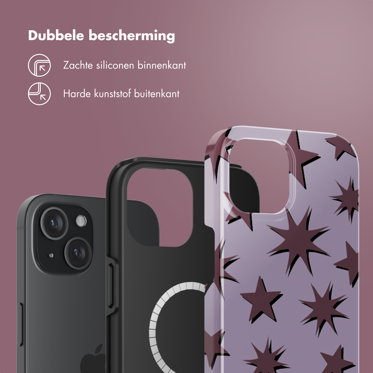 Drie telefoonhoesjes. Eén is zwart, één is zwart met een witte cirkel en één heeft een sterrenpatroon.