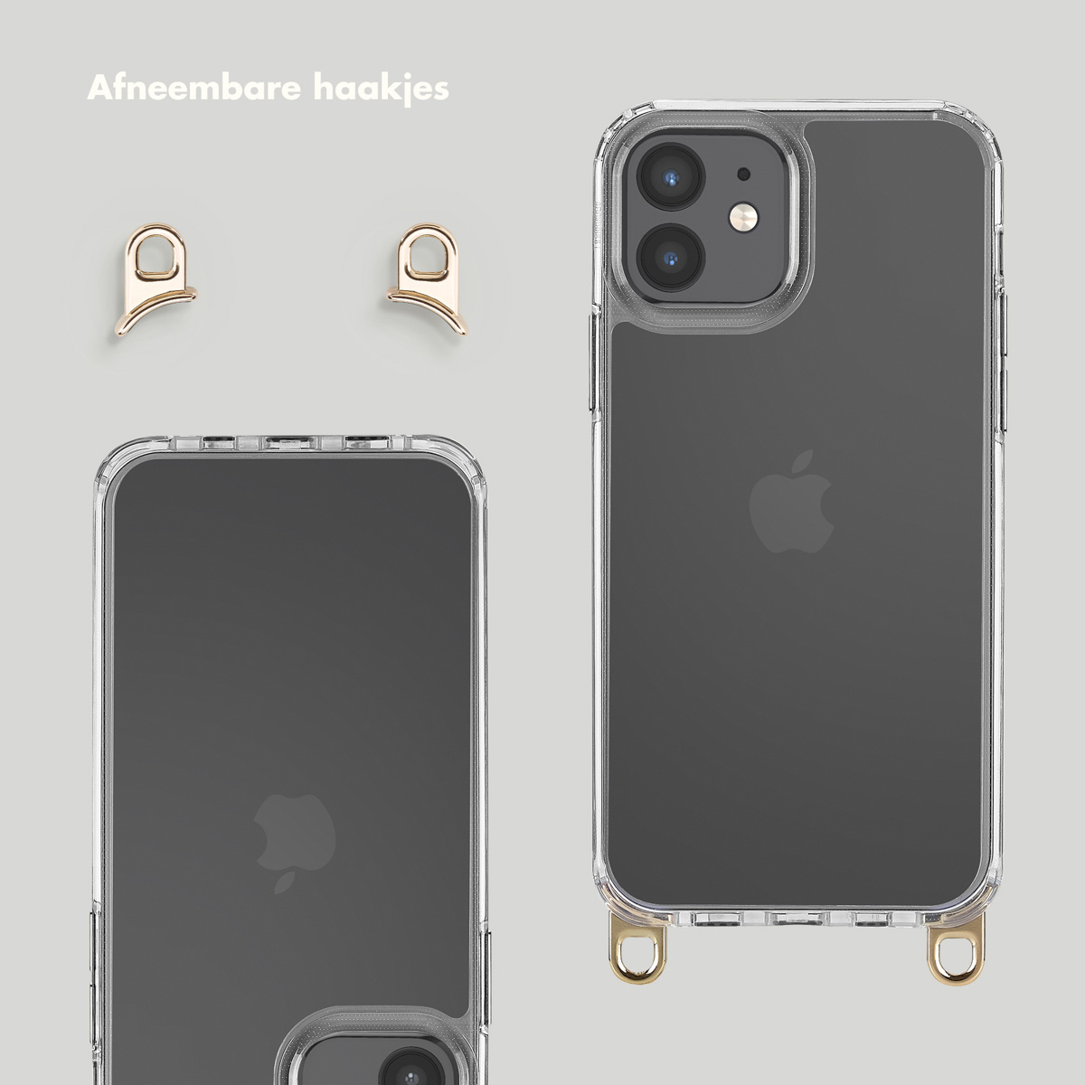 Transparante telefoonhoes met gouden haken. Twee haken zijn los. Telefoon met hoes en gouden haken is zichtbaar.