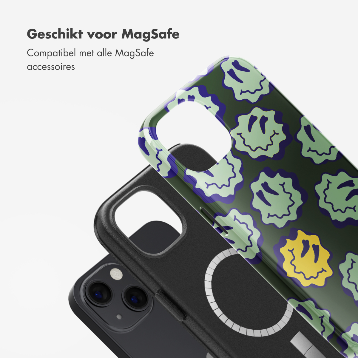 Deux coques de téléphone, une noire et une à motifs, avec un chargeur MagSafe. Compatible MagSafe.