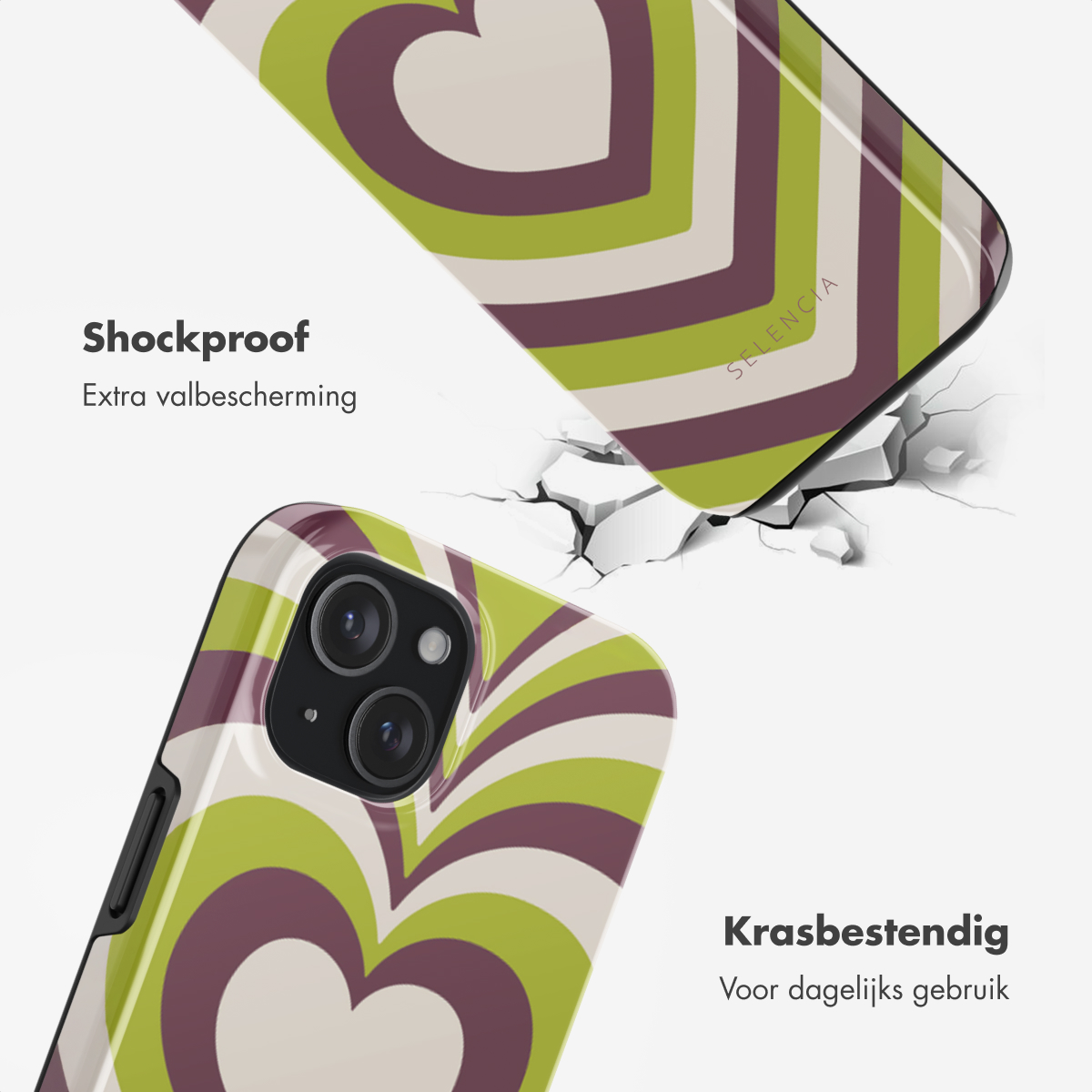 Telefoonhoesje met hartpatroon. Tekst: Schokbestendig, Extra valbescherming en krasbestendig.
