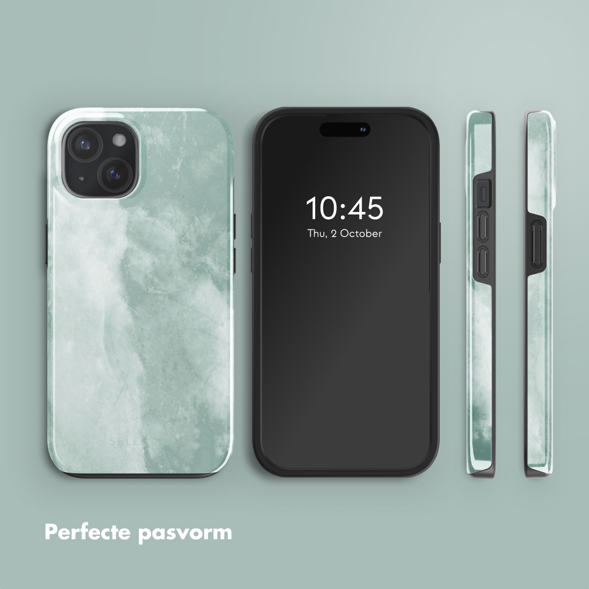 Telefoon rechts en een hoesje links. De hoes is groen en wit met een marmerpatroon. De telefoon toont de tijd.