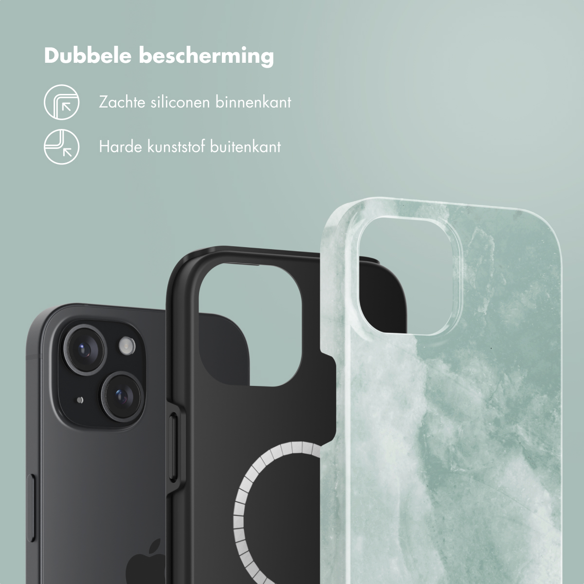 Smartphone met beschermhoes, toont de telefoon en de binnenkant van de hoes. Dubbele bescherming.