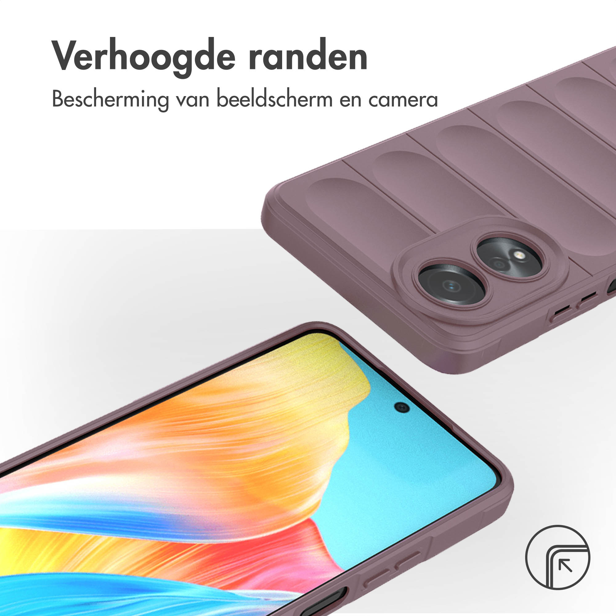 Een paarse telefoonhoes met verhoogde randen beschermt het scherm en de camera van de telefoon.